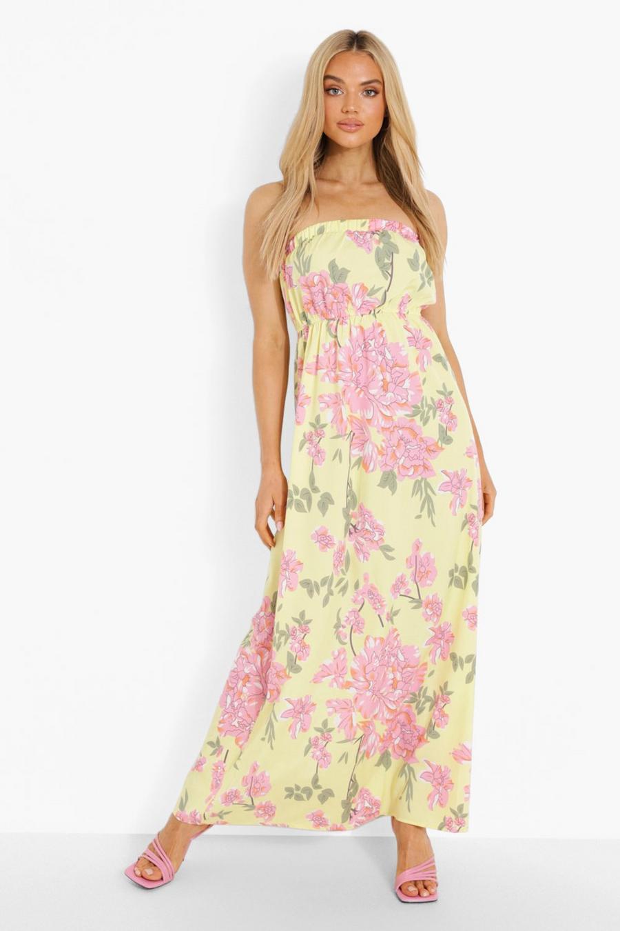 Yellow Strapless Maxi Jurk Met Ruches image number 1