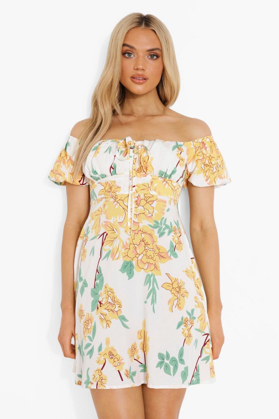 White Floral Bardot Puff Sleeve Swing Dress image number 1