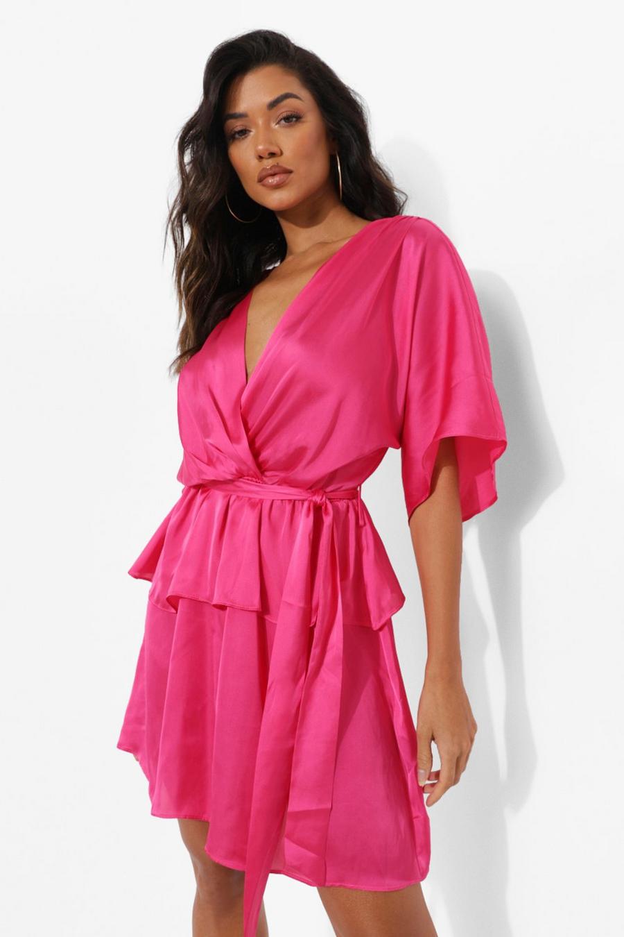 Hot pink Kortärmad skaterklänning i satin med knytskärp image number 1