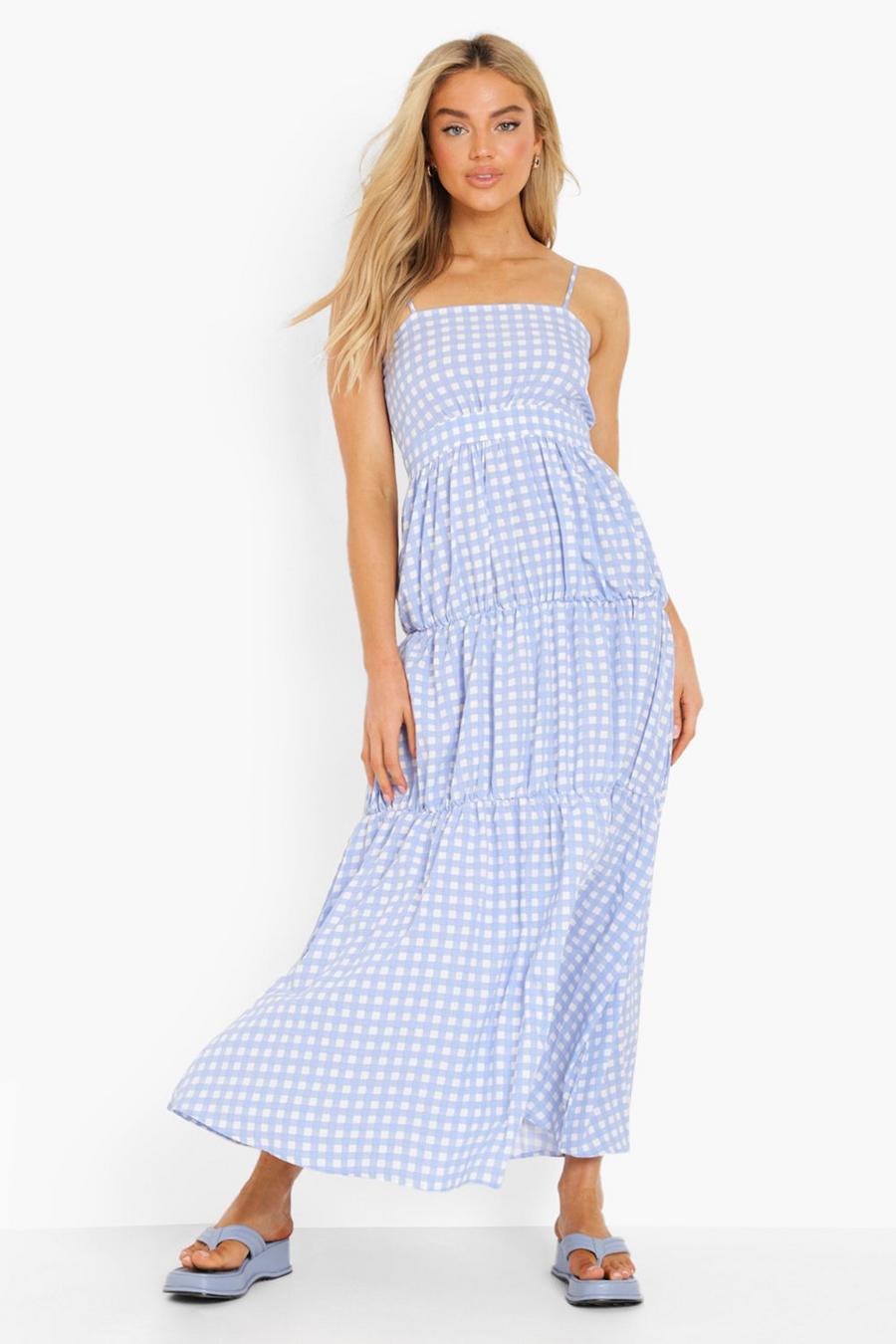 Baby blue Check Tiered Maxi Dress