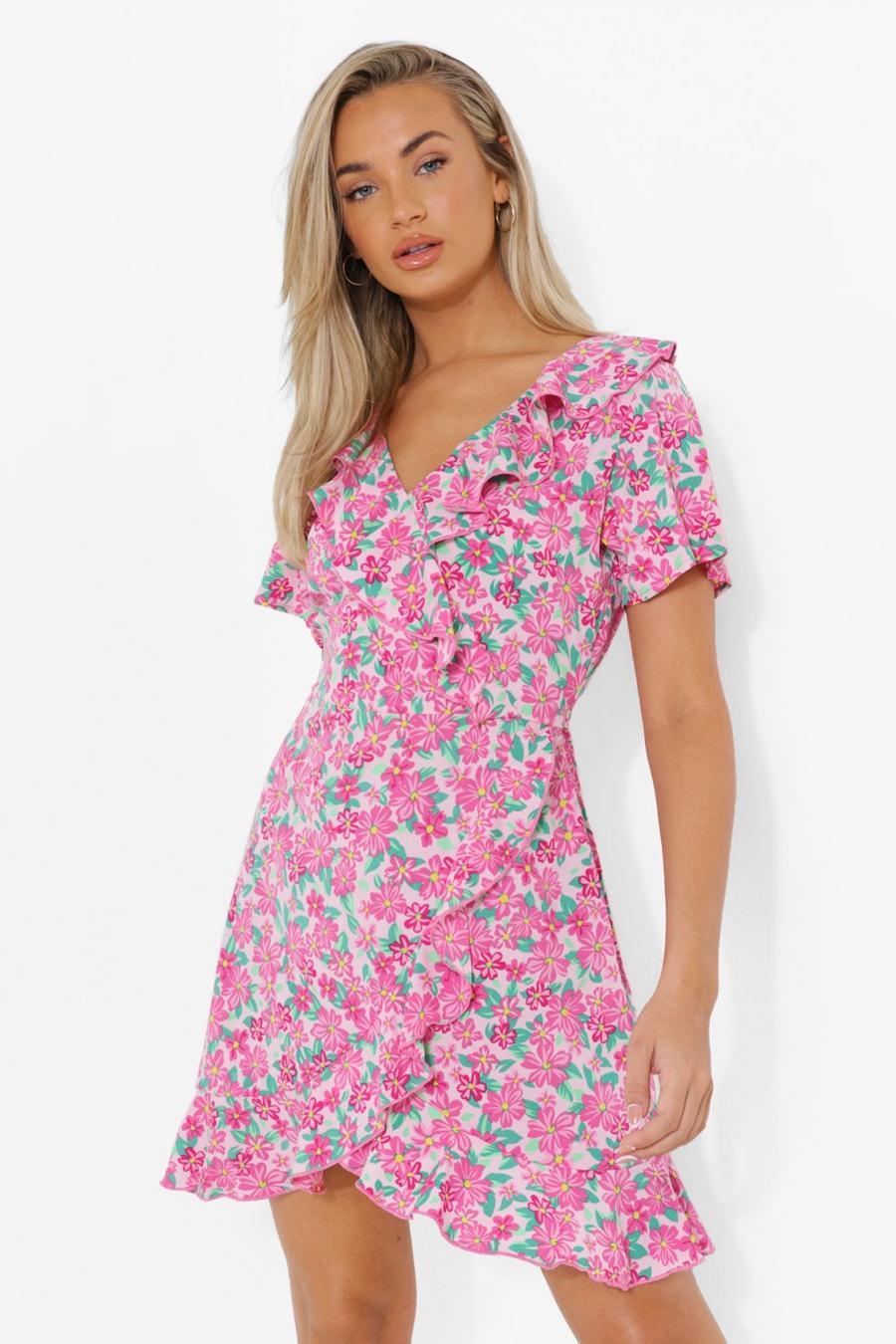 Pink Woven Floral Print Ruffle Tea Dress