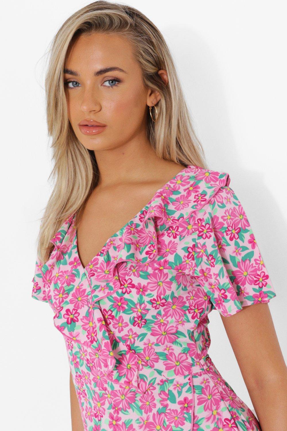 Geweven Bloemen Jurk Met Ruches | boohoo