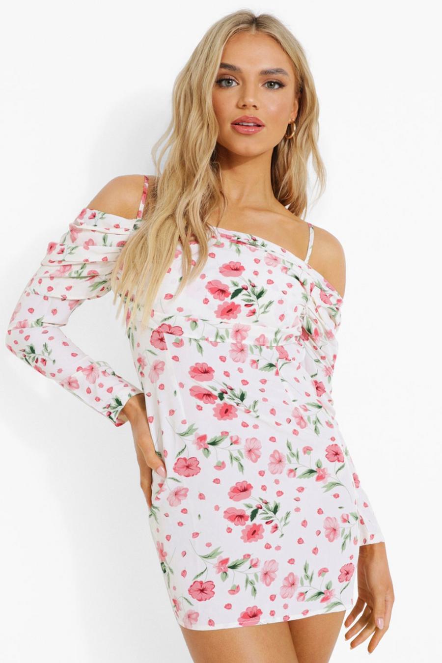 White Floral Print Ruched Detail Mini Dress image number 1