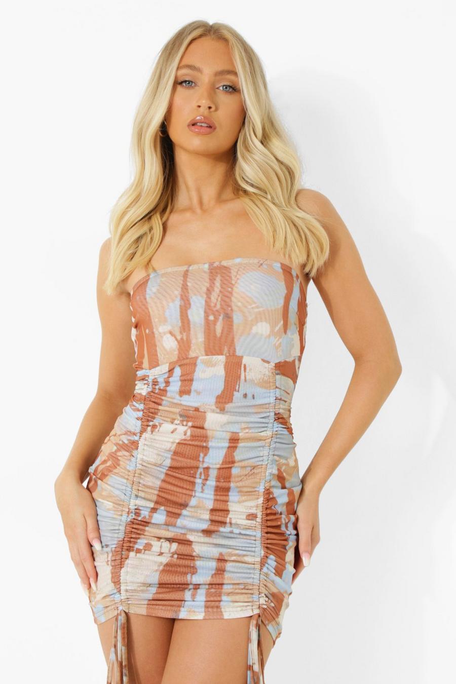 Rust Mesh Ruched Detail Mini Dress image number 1