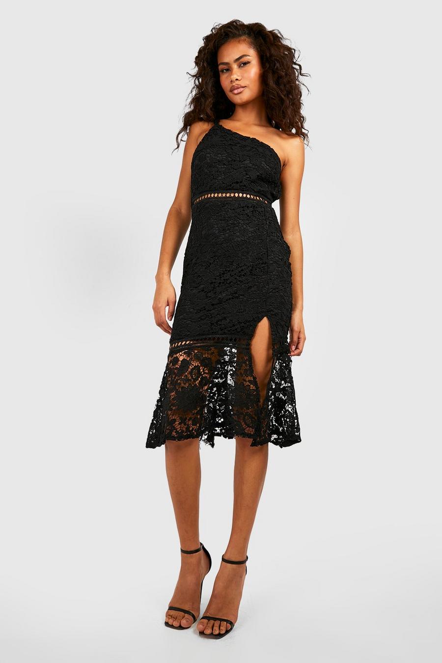 Black Lace One Shoulder Frill Hem Midi Dress