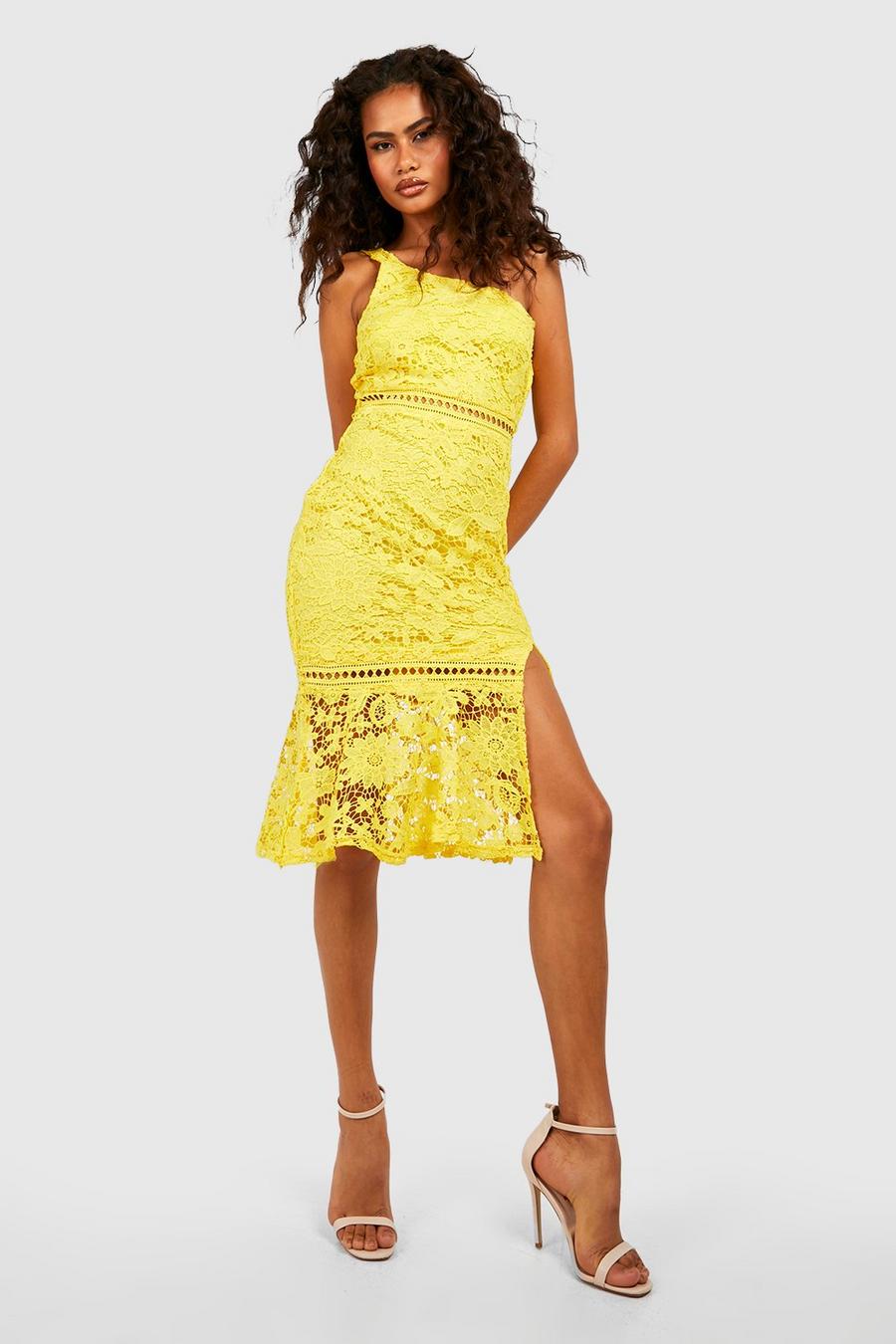 Yellow jaune Lace One Shoulder Frill Hem Midi Dress image number 1