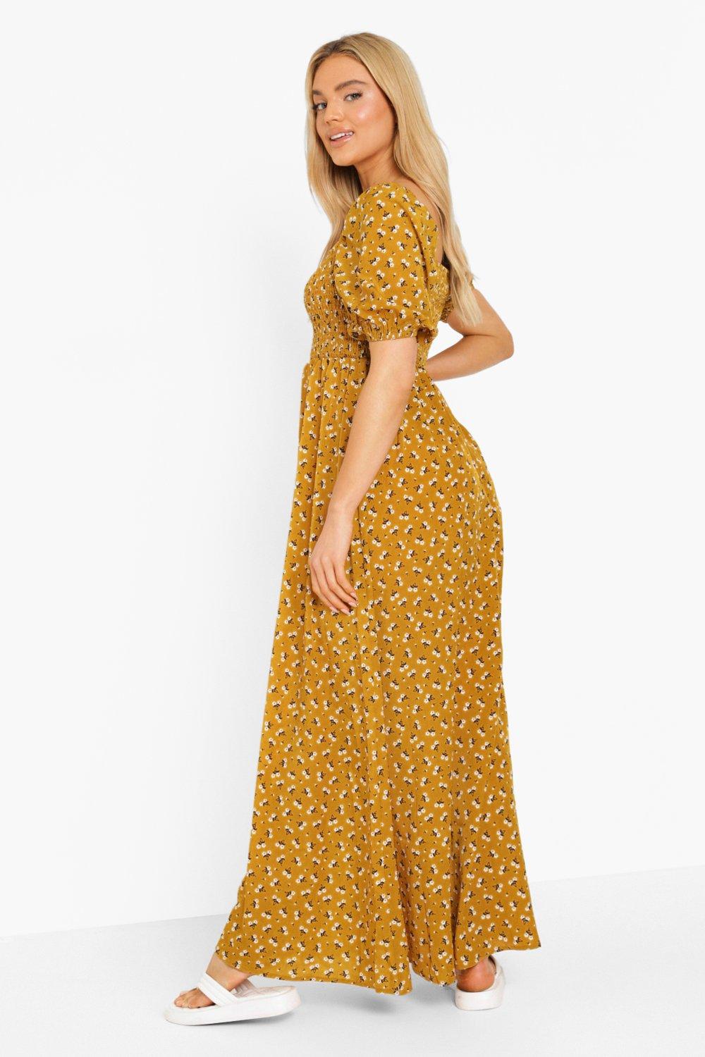 Floral Shirred Detail 3/4 Sleeve Maxi Dress