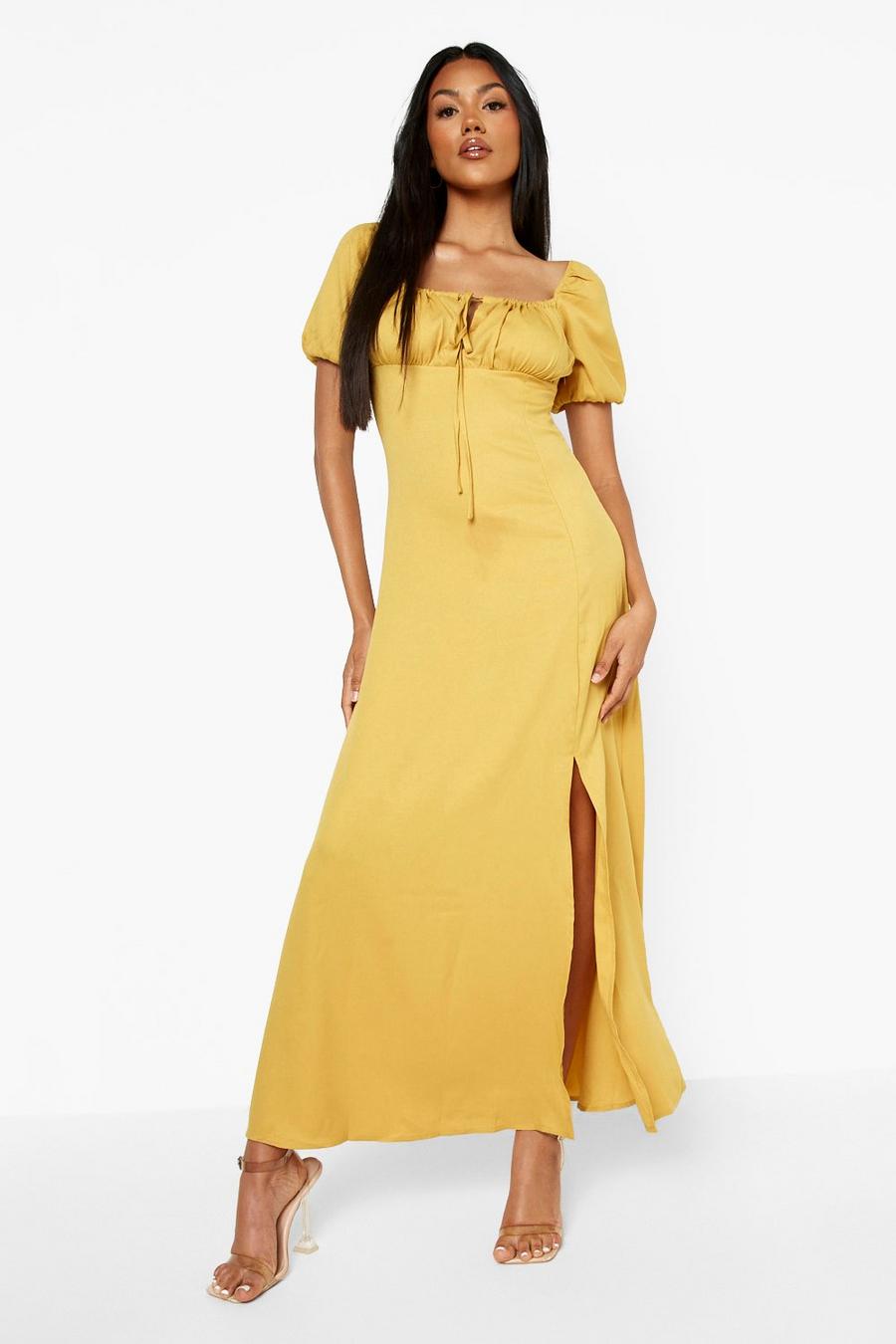 Mustard Tie Front Side Split Maxi Dress image number 1