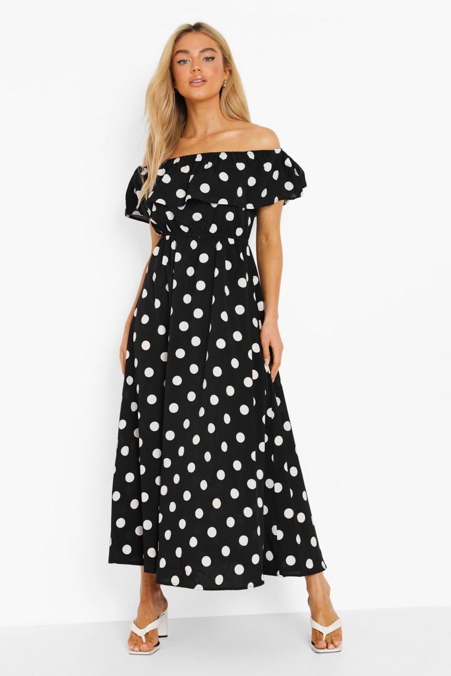 Black Polka Bardot Maxi Dress image number 1