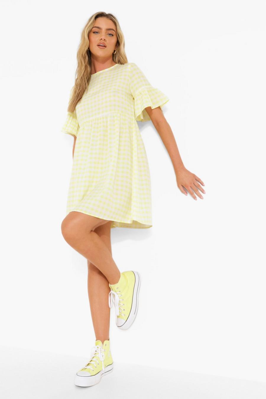 Yellow Woven Gingham Print Smock Dress image number 1