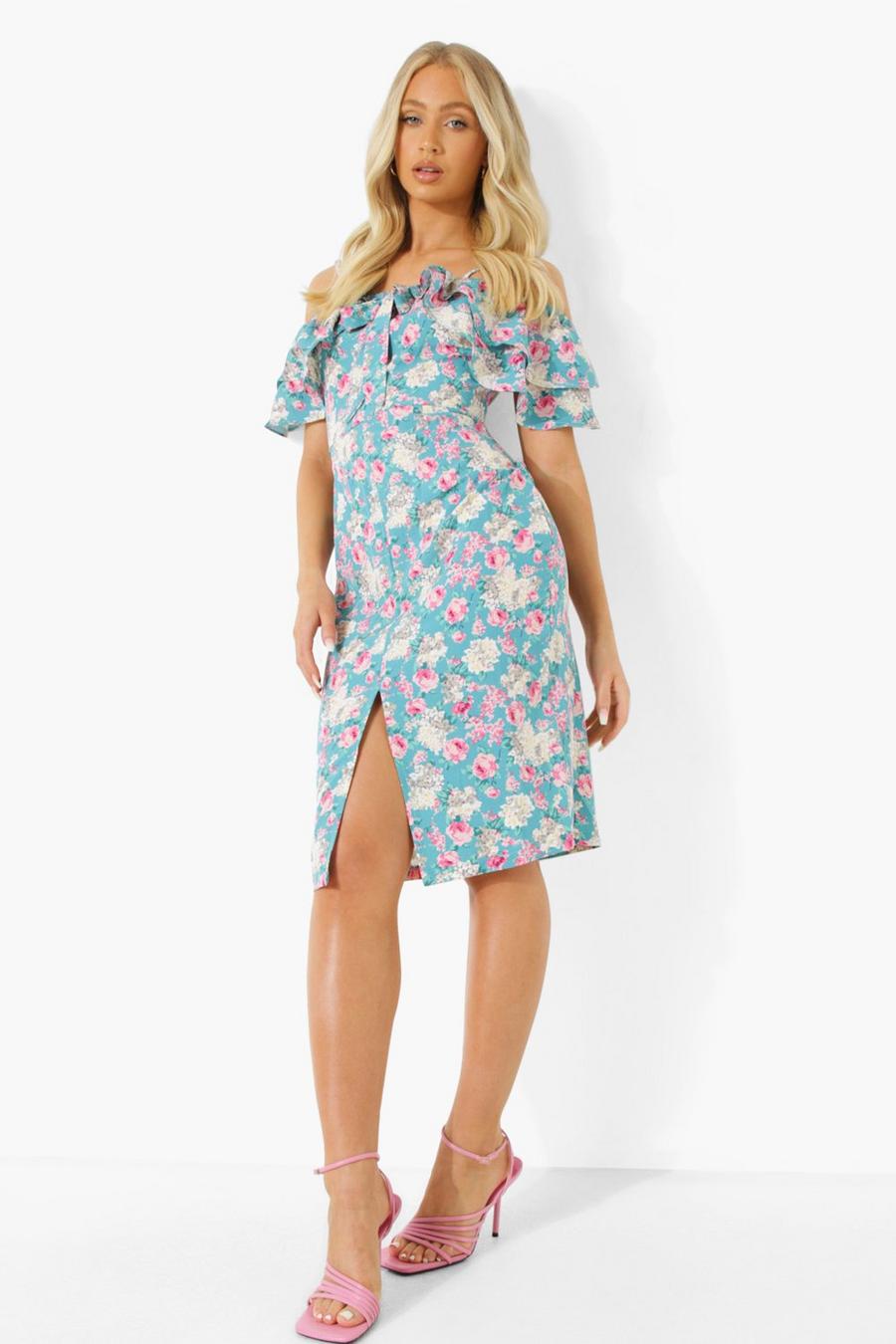 Turquoise Floral Print Ruffle Midi Dress image number 1