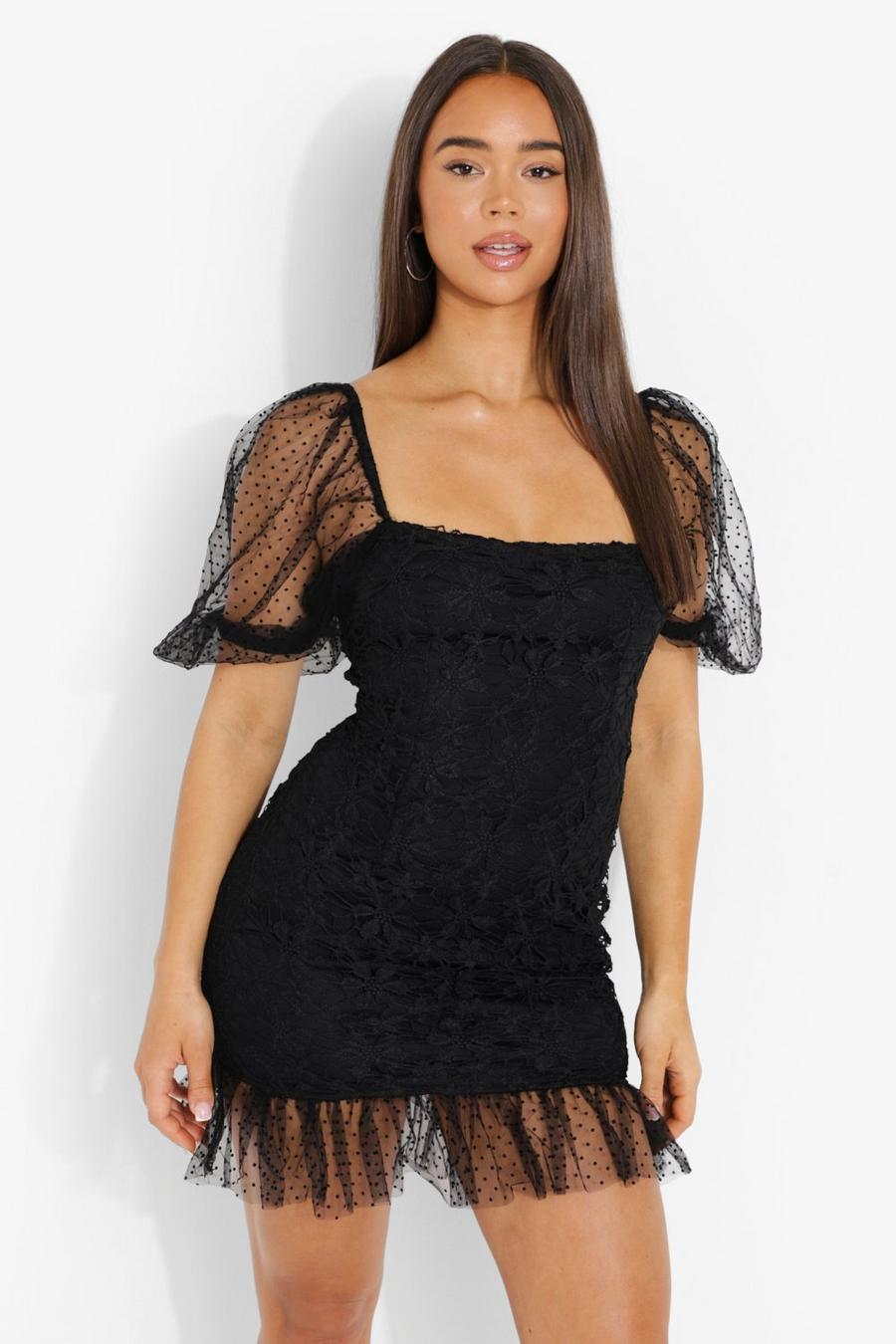 Black Lace Square Neck Puff Sleeve Mini Dress image number 1