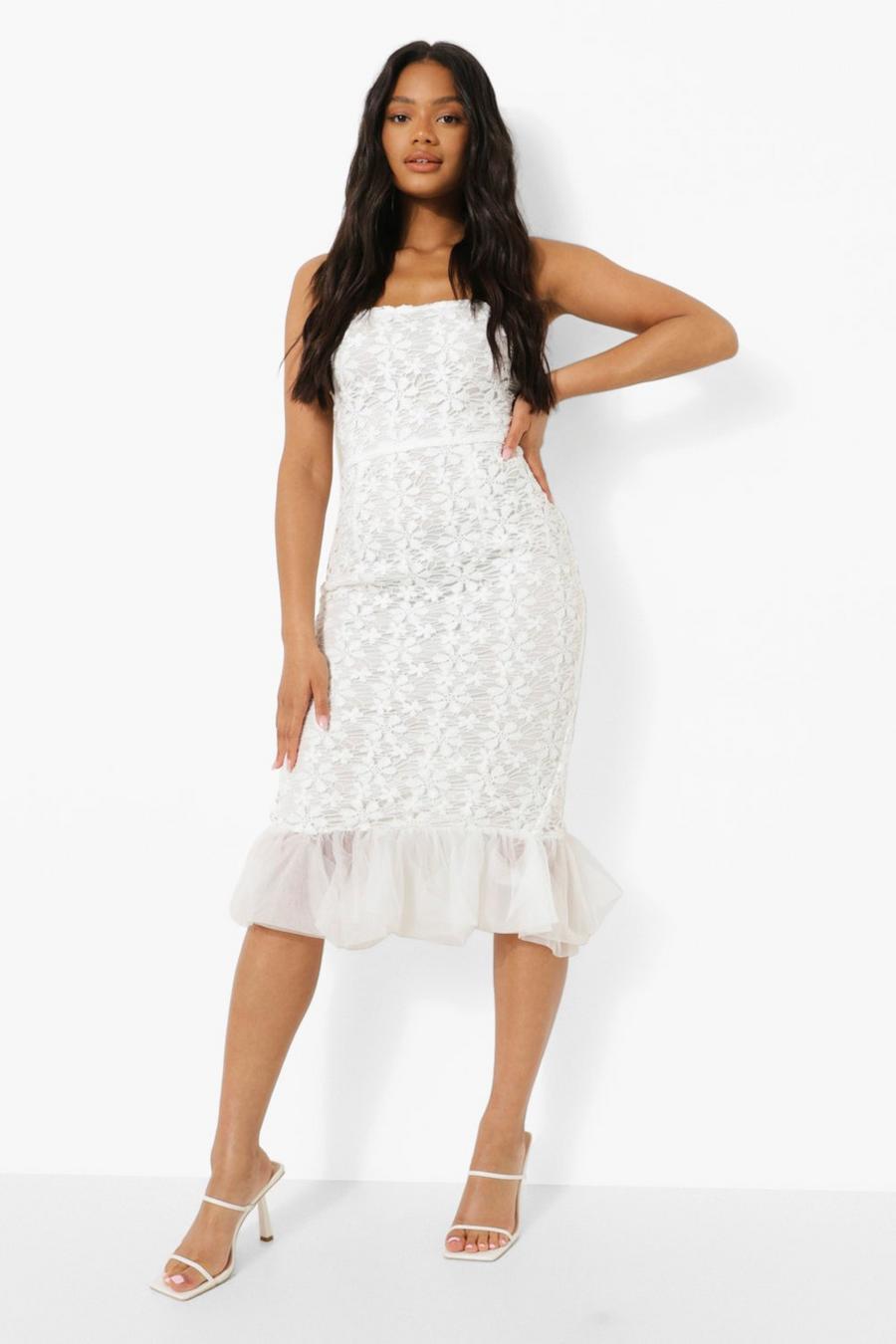 White Bandeau Lace Ruffle Hem Midi Dress image number 1