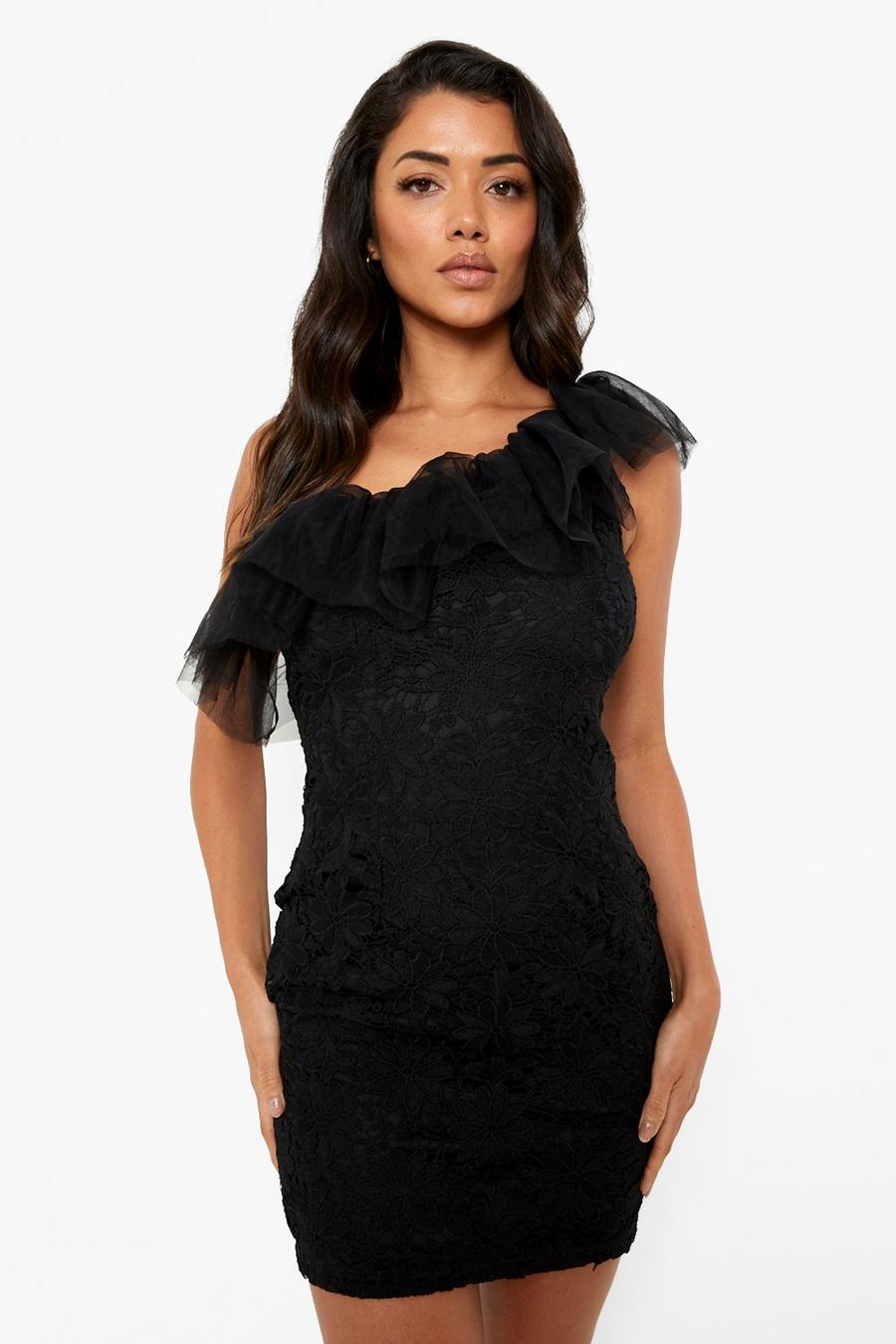 Black One Shoulder Lace Ruffle Mini Dress image number 1