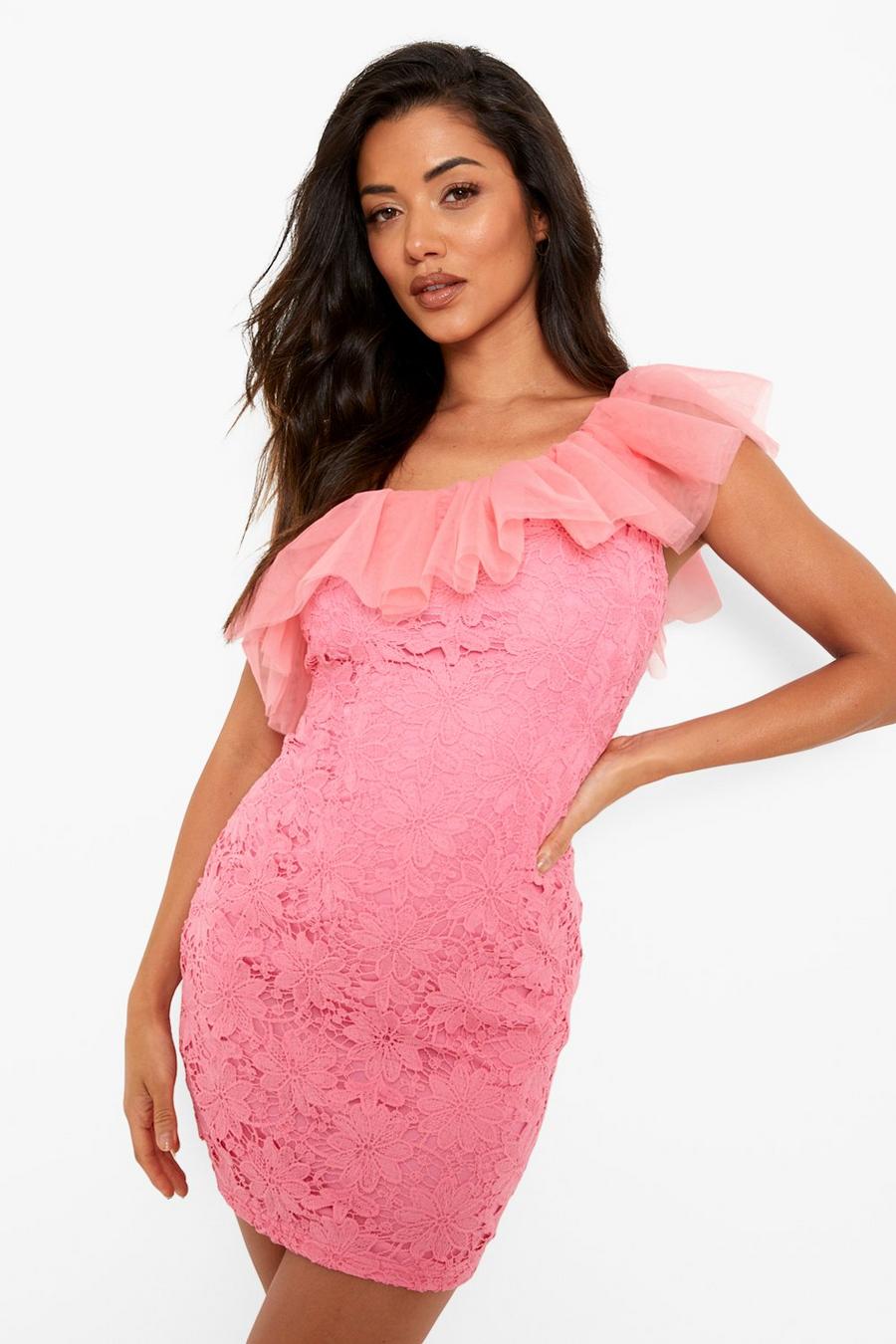 Pink One shoulder-klänning i spets med volanger image number 1