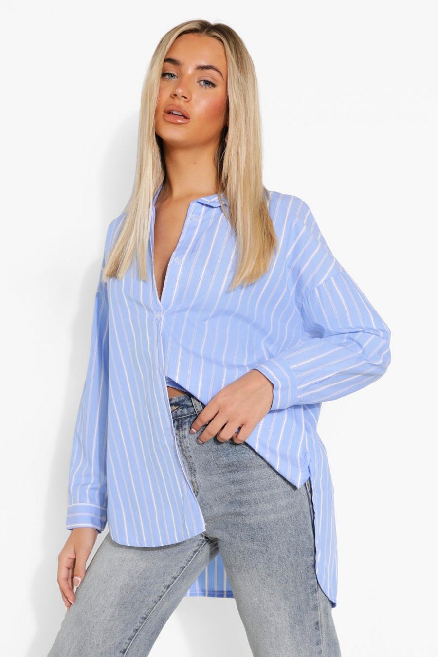 Blue Cotton Oversized Stripe Shirt image number 1