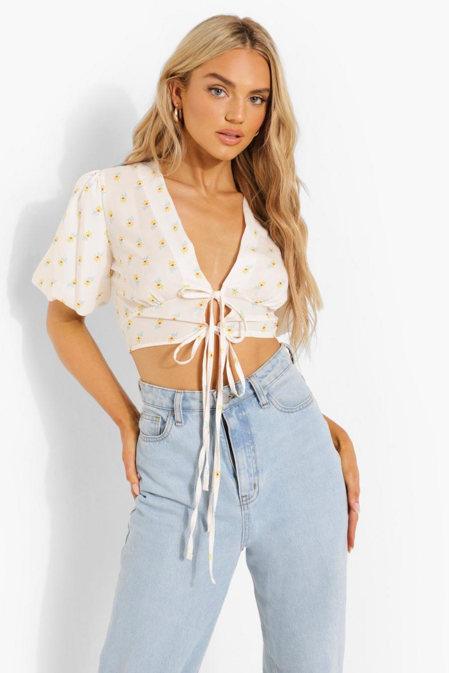 White weiß Floral Tie Front Woven Top