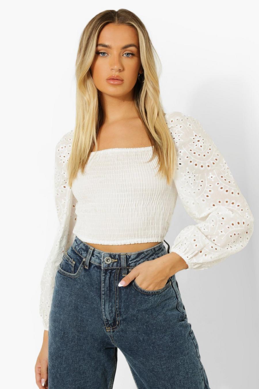 White Broderie Volume Sleeve Shirred Crop Top image number 1