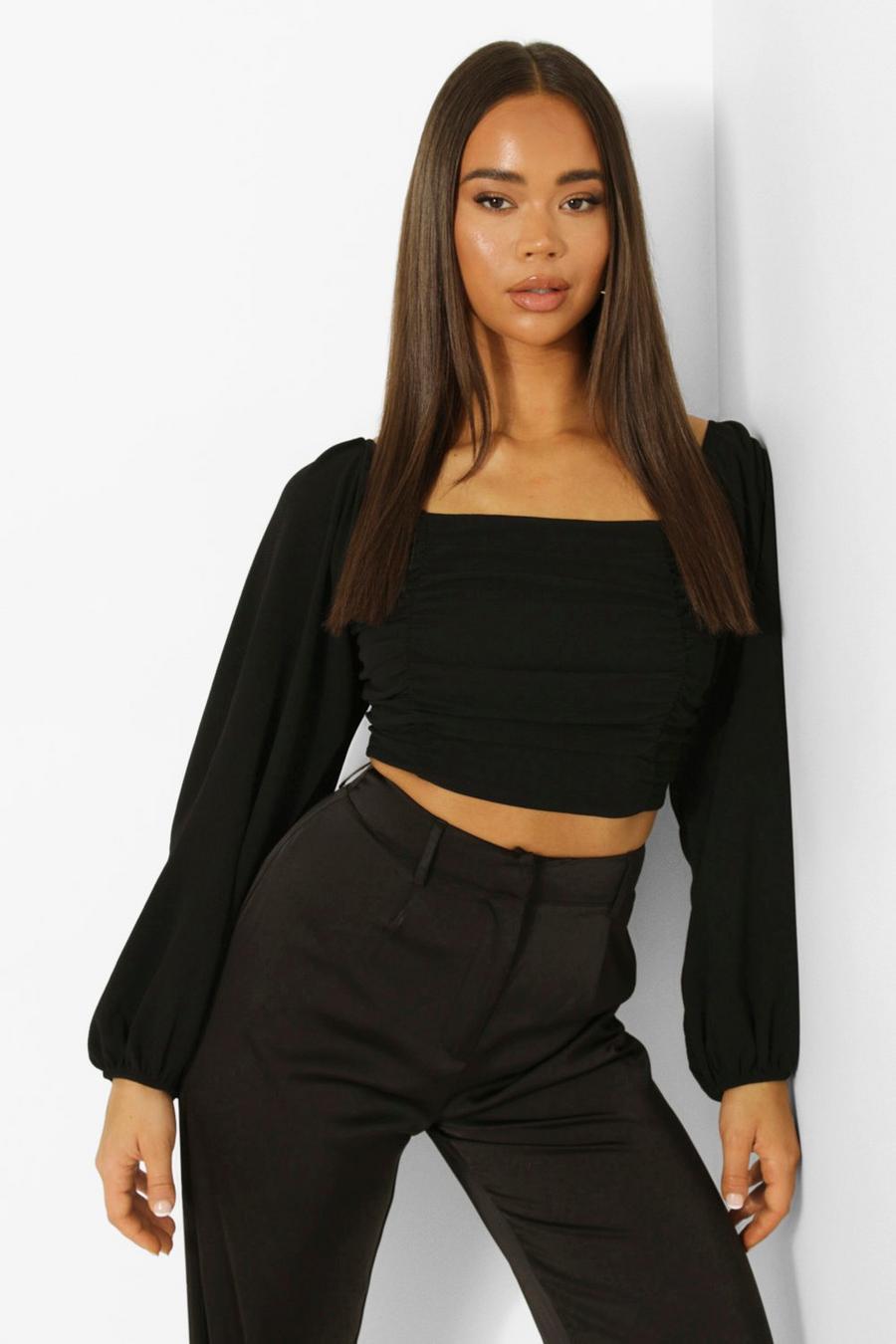 Black Puff Sleeve Ruched Front Top image number 1