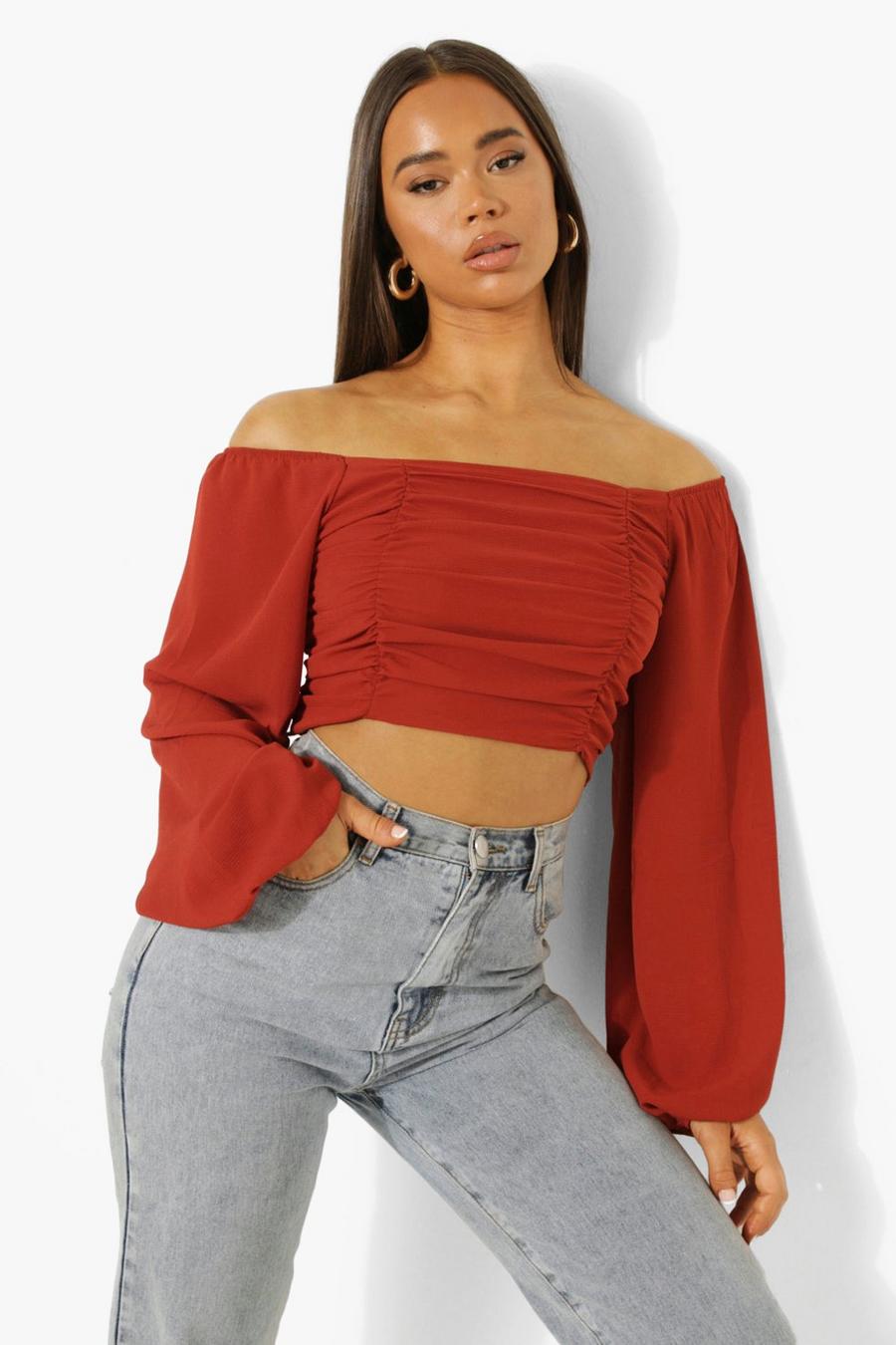 Rust Volume Sleeve Ruched Front Top image number 1