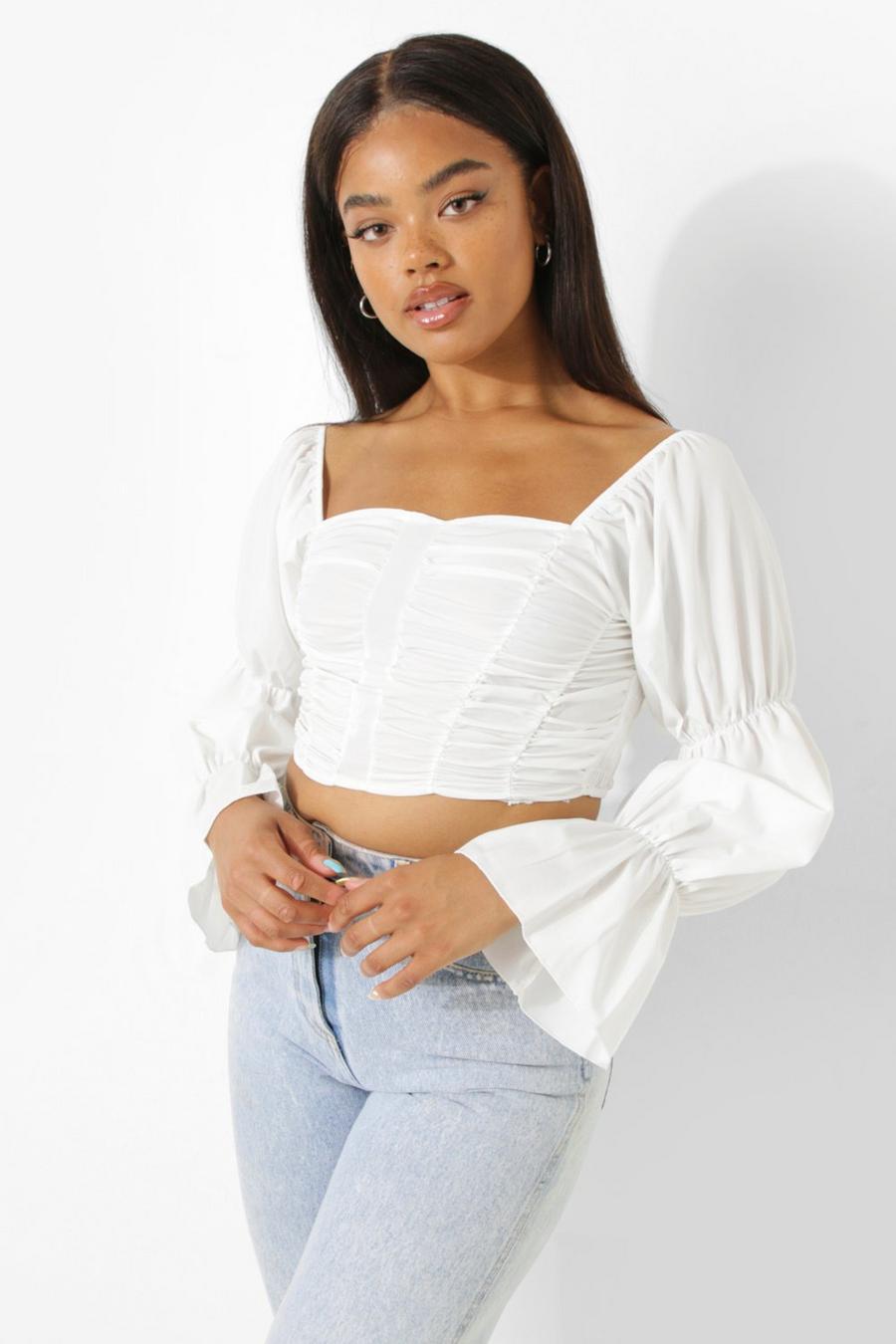 White Volume Sleeve Ruched Front Top image number 1