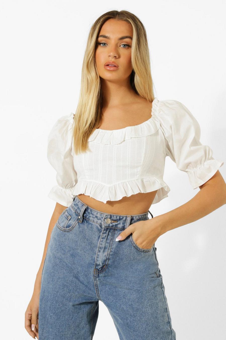 Cotton Frill Detail Puff Sleeve Top | boohoo
