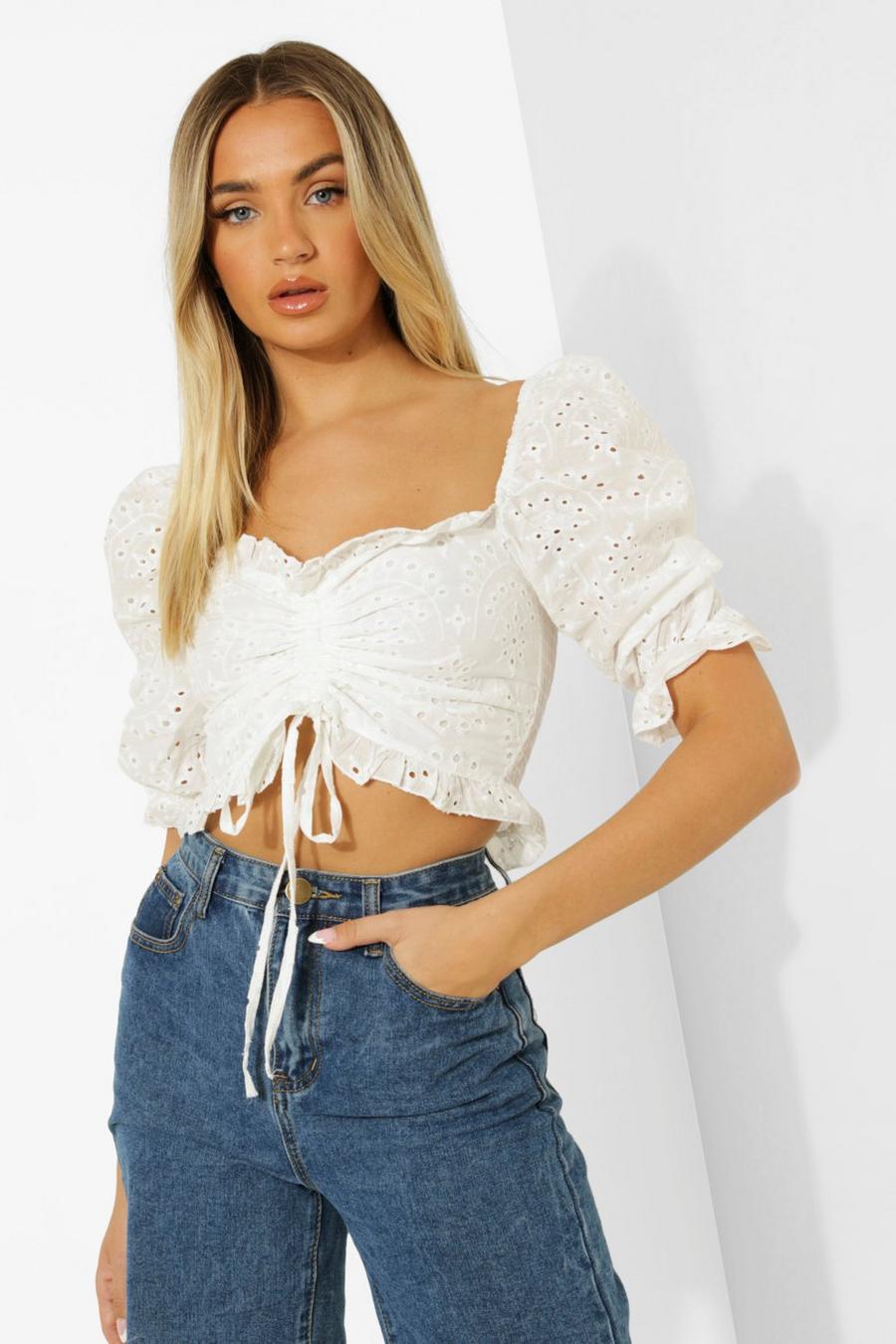 White Eyelet Puff Sleeve Ruched Front Top image number 1