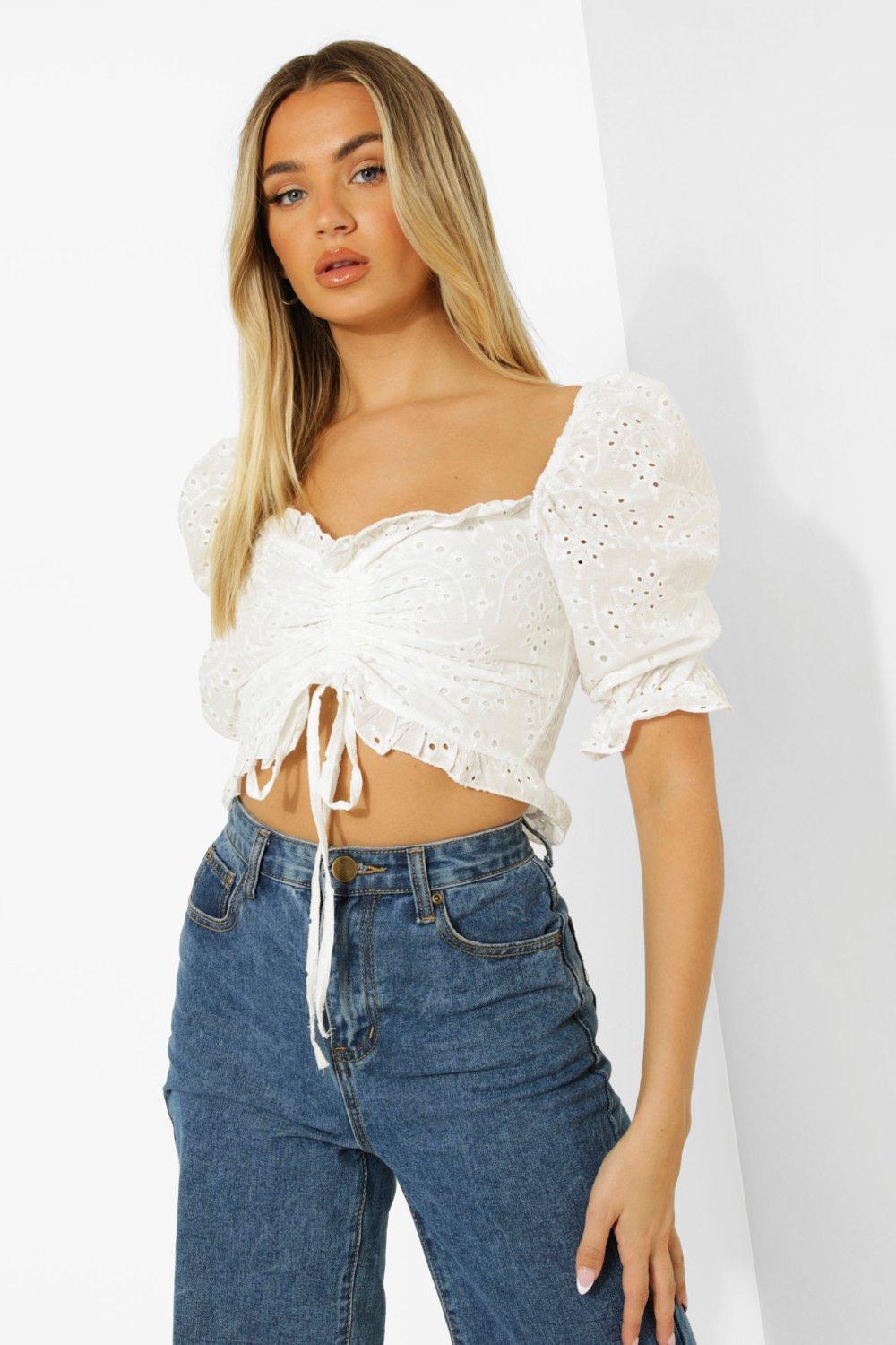 Eyelet Puff Sleeve Ruched Front Top | boohoo