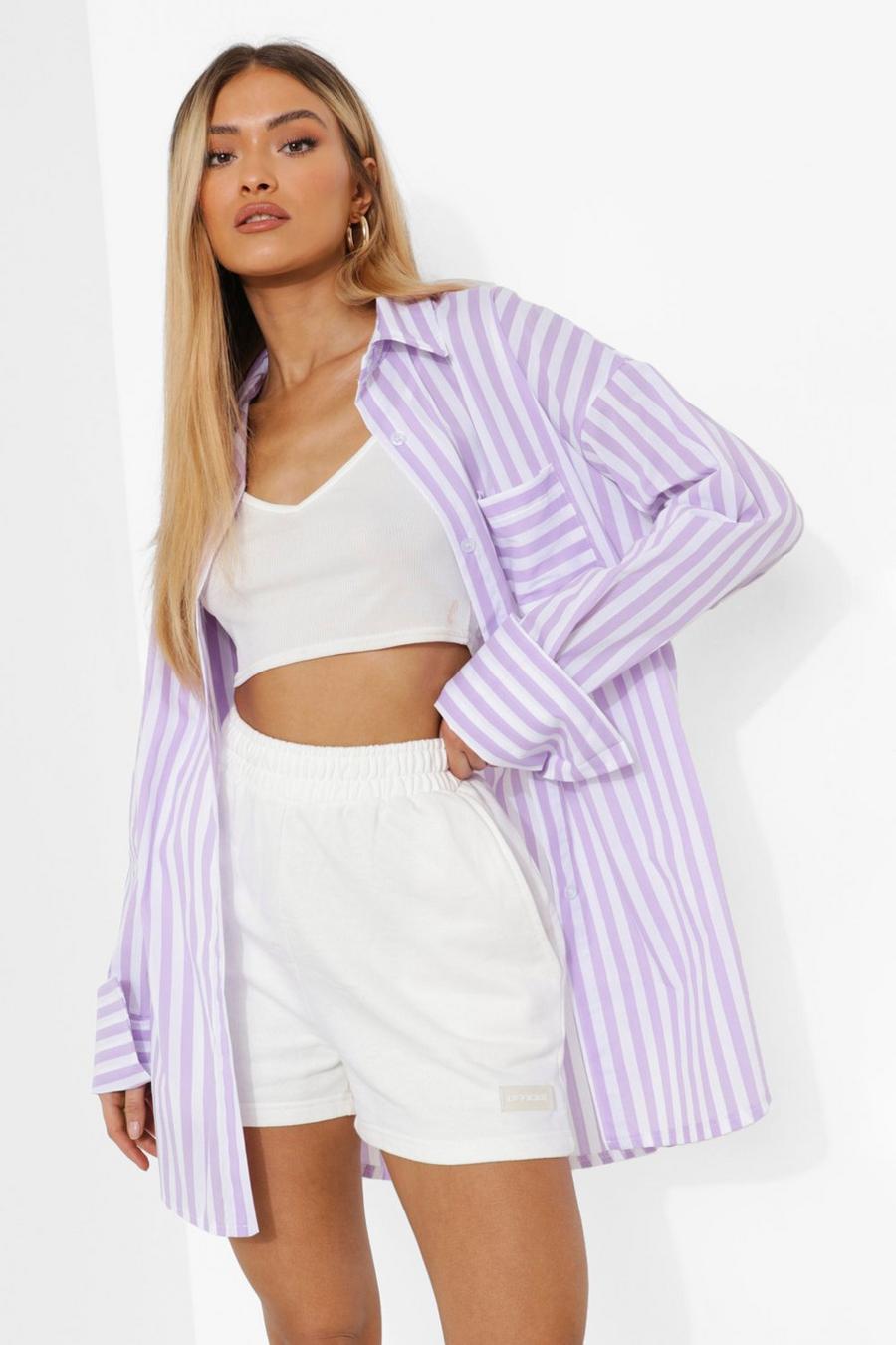 Lilac Oversized Contrast Pocket Stripe Shirt image number 1