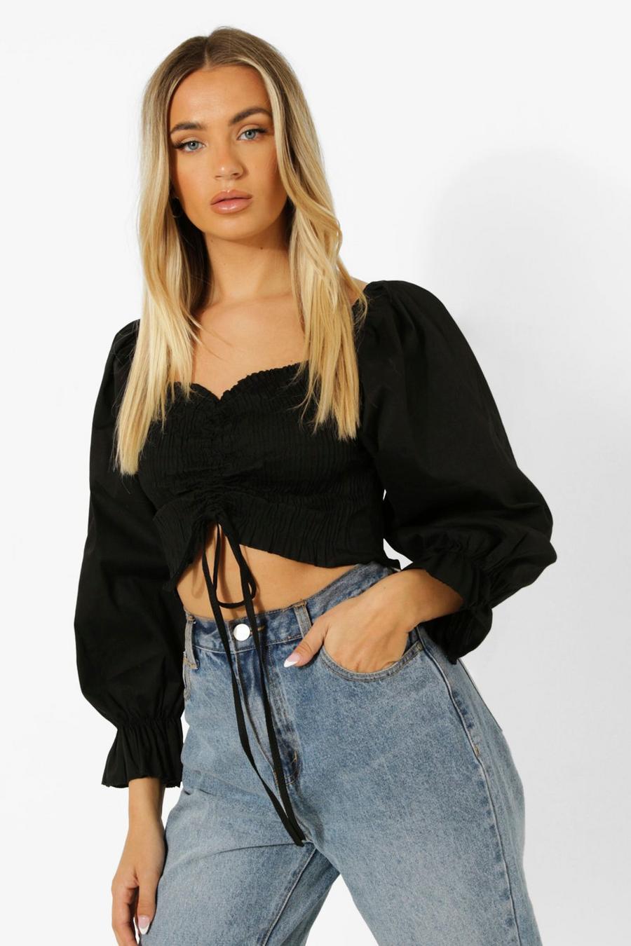 Black Volume Sleeve Ruched Front Top