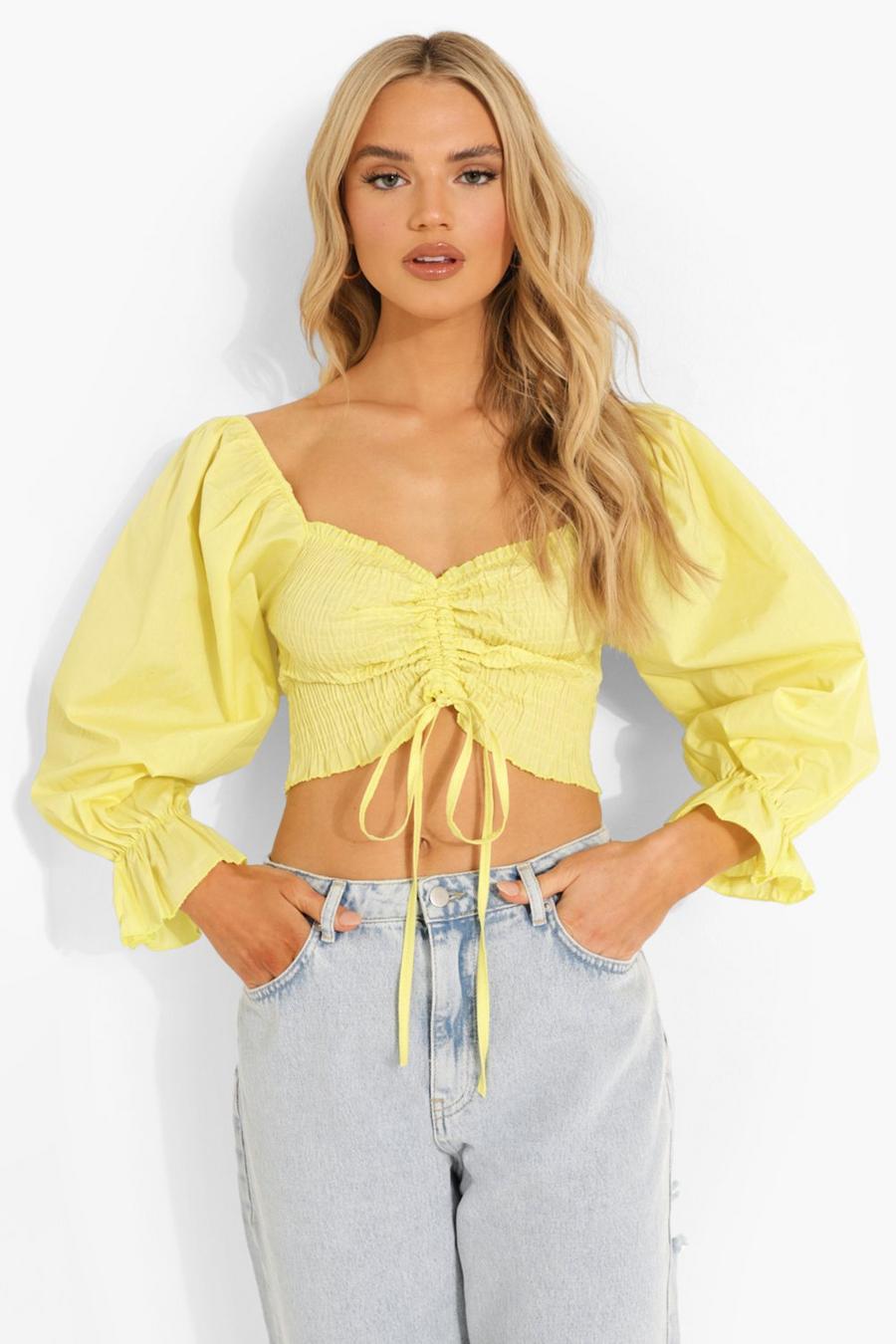 Lemon Puff Sleeve Ruched Front Top image number 1