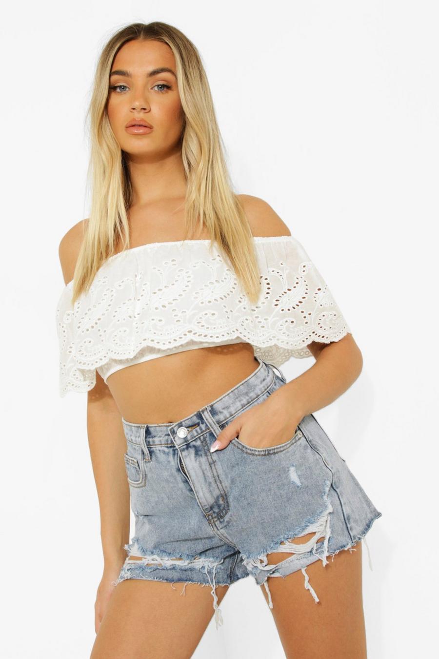 White Broderie Off The Shoulder Crop Top image number 1