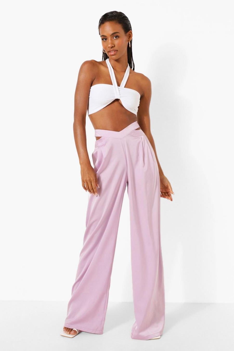 Lilac Woven V Waist Cut Out Wide Leg Pants image number 1