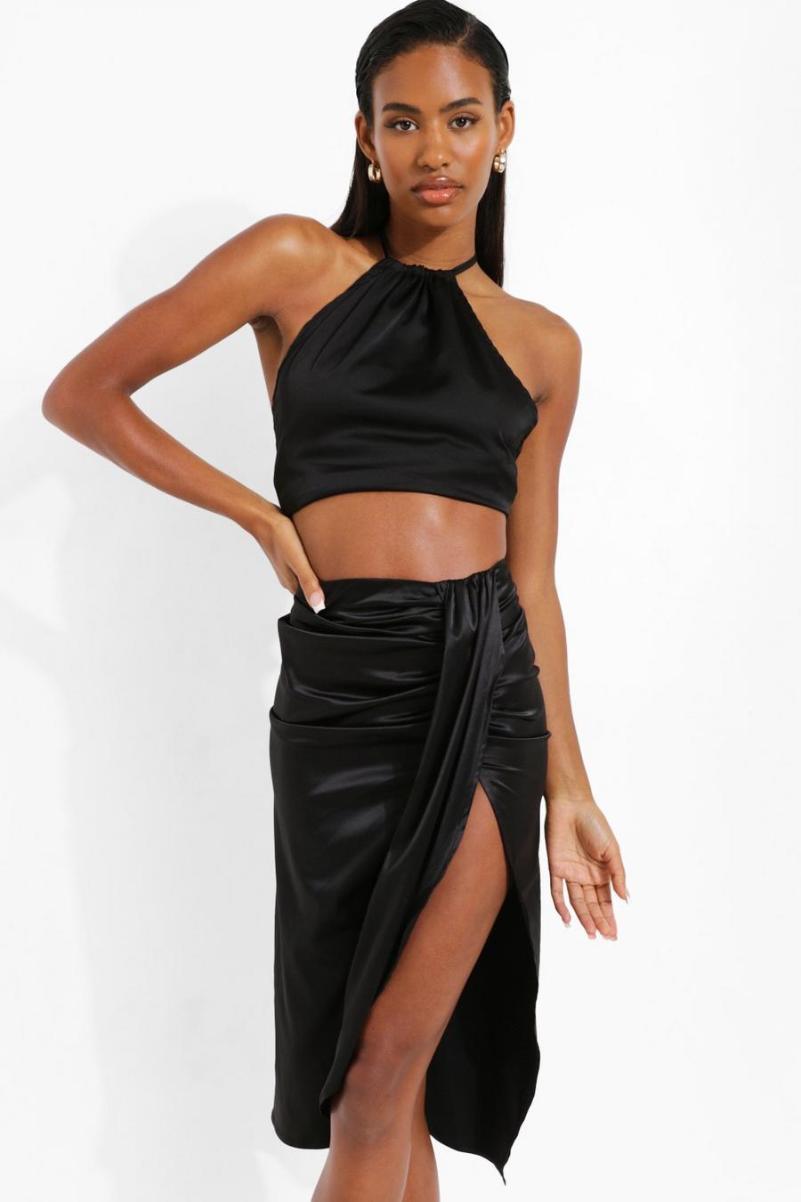 Black Satin Drape Midi Skirt image number 1