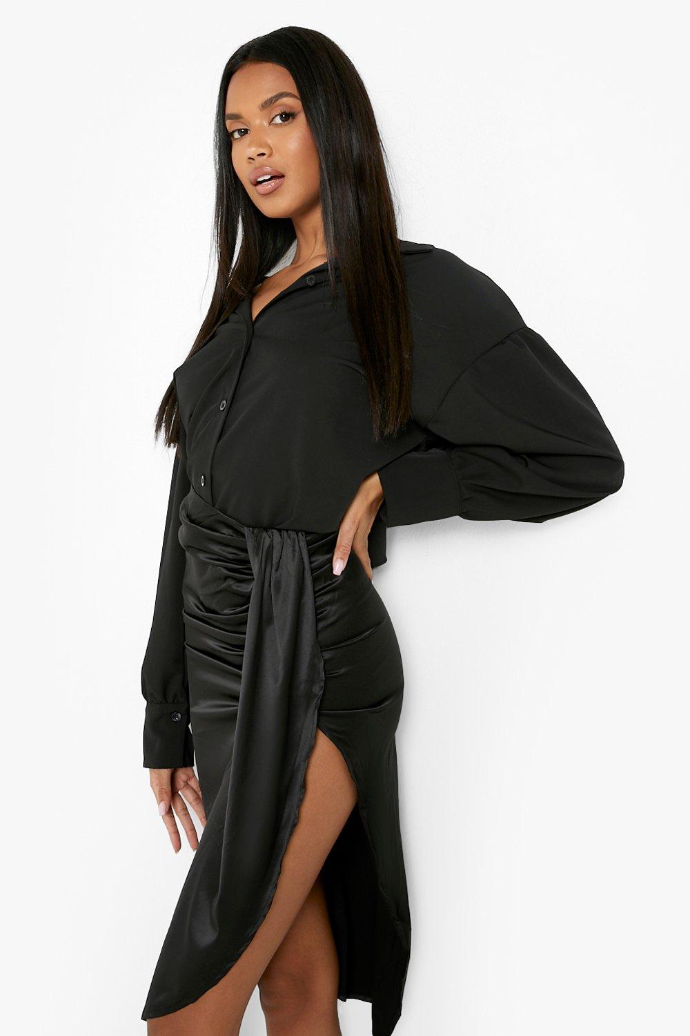 Black satin wrap shop skirt backless midi dress