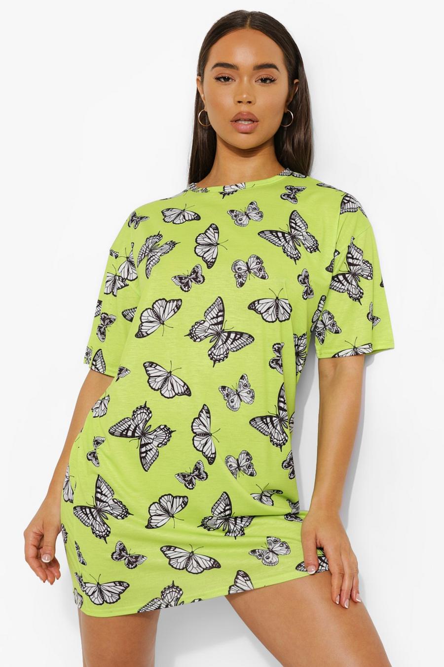 Lime Butterfly Print Oversized T Shirt Dress image number 1