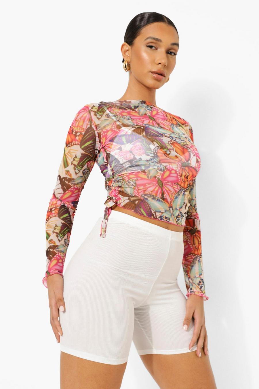 Hot pink Ruched Side Butterfly Print Crop Top image number 1
