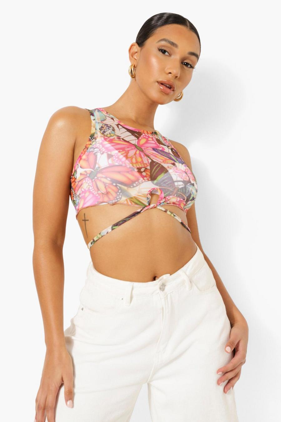 Hot pink rosa Butterfly Print Crossover Crop Top image number 1