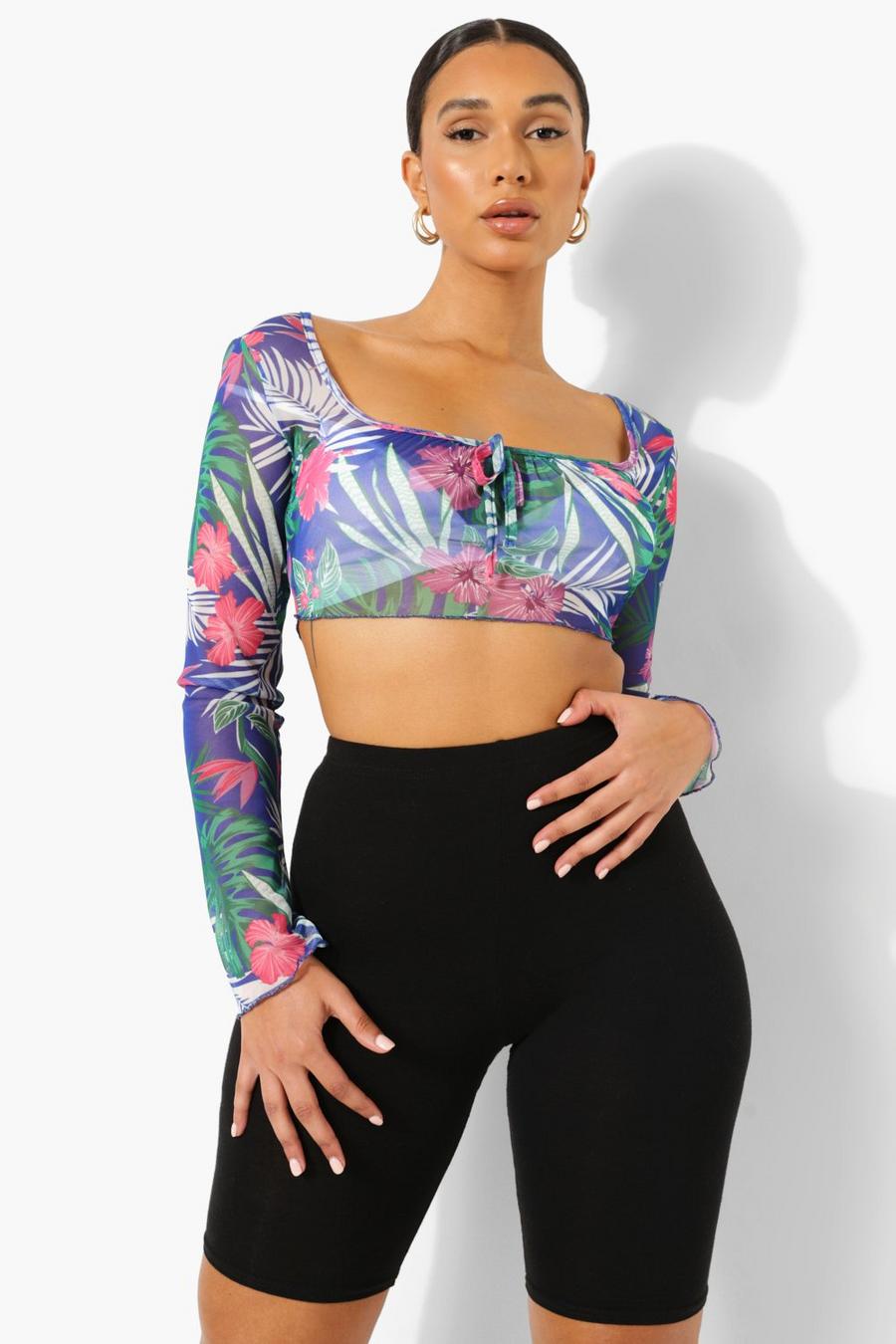 Green Hawaiian Print Ruched Front Crop Top image number 1