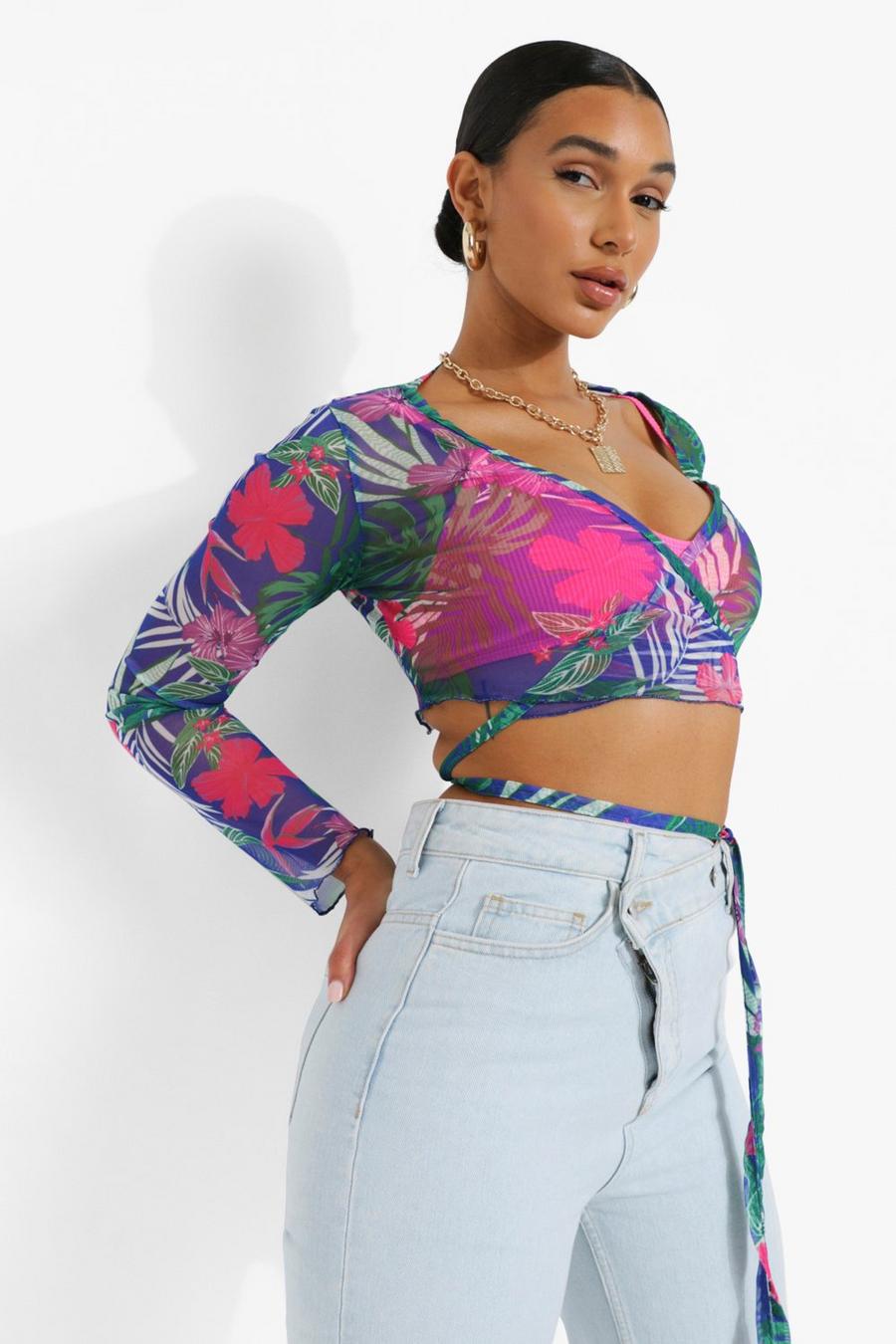 Green Tropical Print Wrap Top image number 1