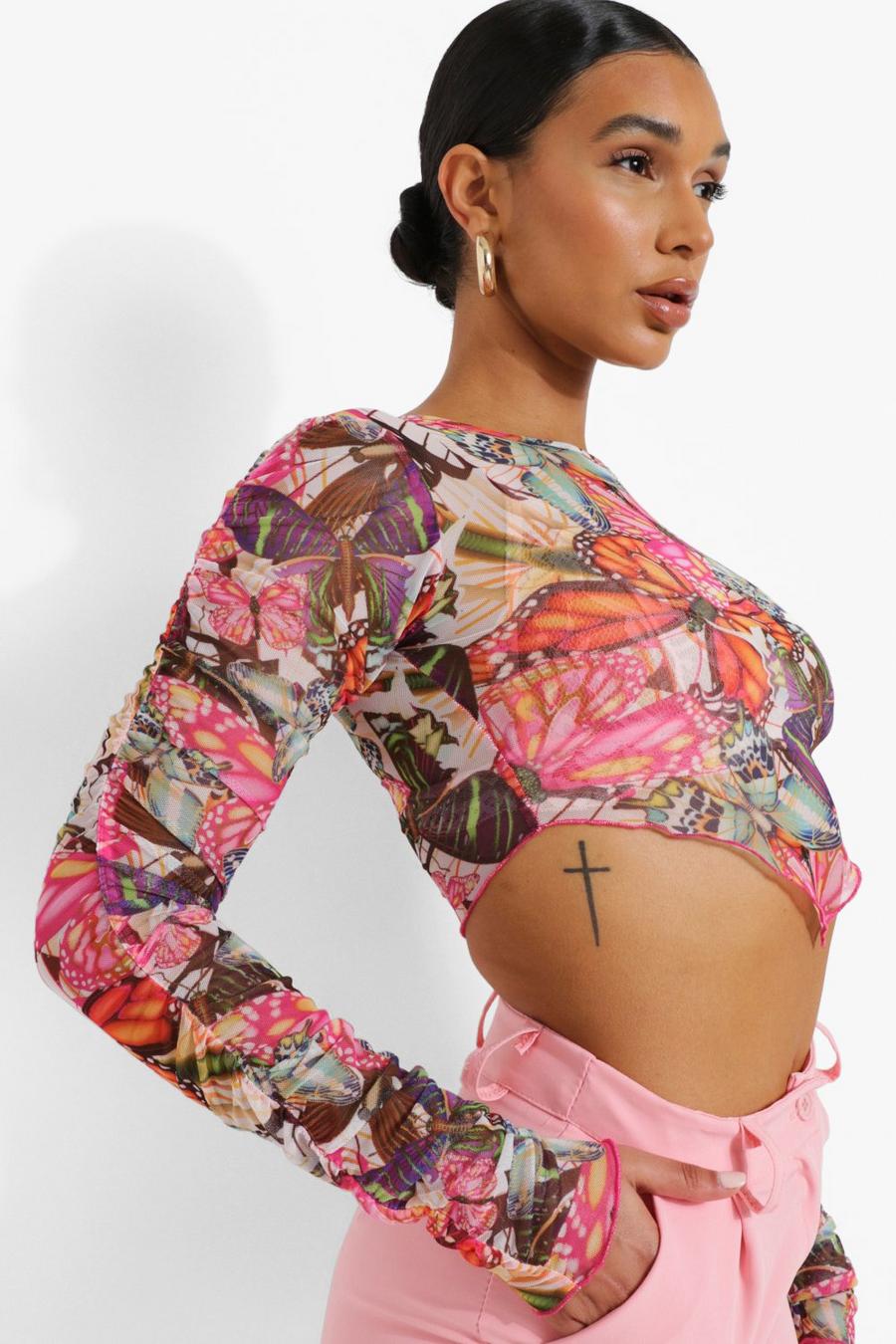 Hot pink Butterfly Mesh Dipped Hem Crop Top image number 1