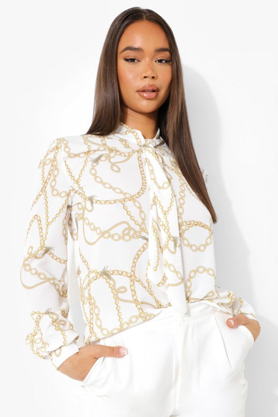 Blusa Plus Size con stampa di catene e fiocco al collo, Ivory image number 1