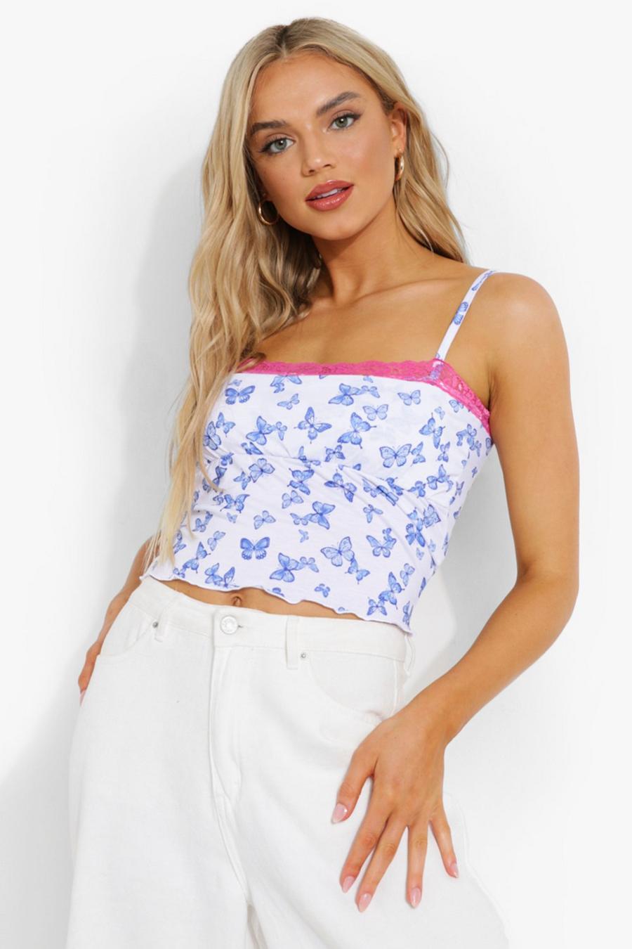 White Lace Trim Butterfly Print Cami Top image number 1