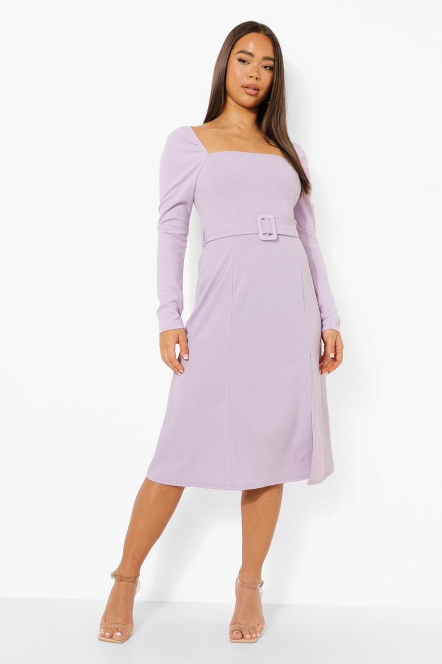 Lilac Square Neck Belted Side Split Midi Dress image number 1