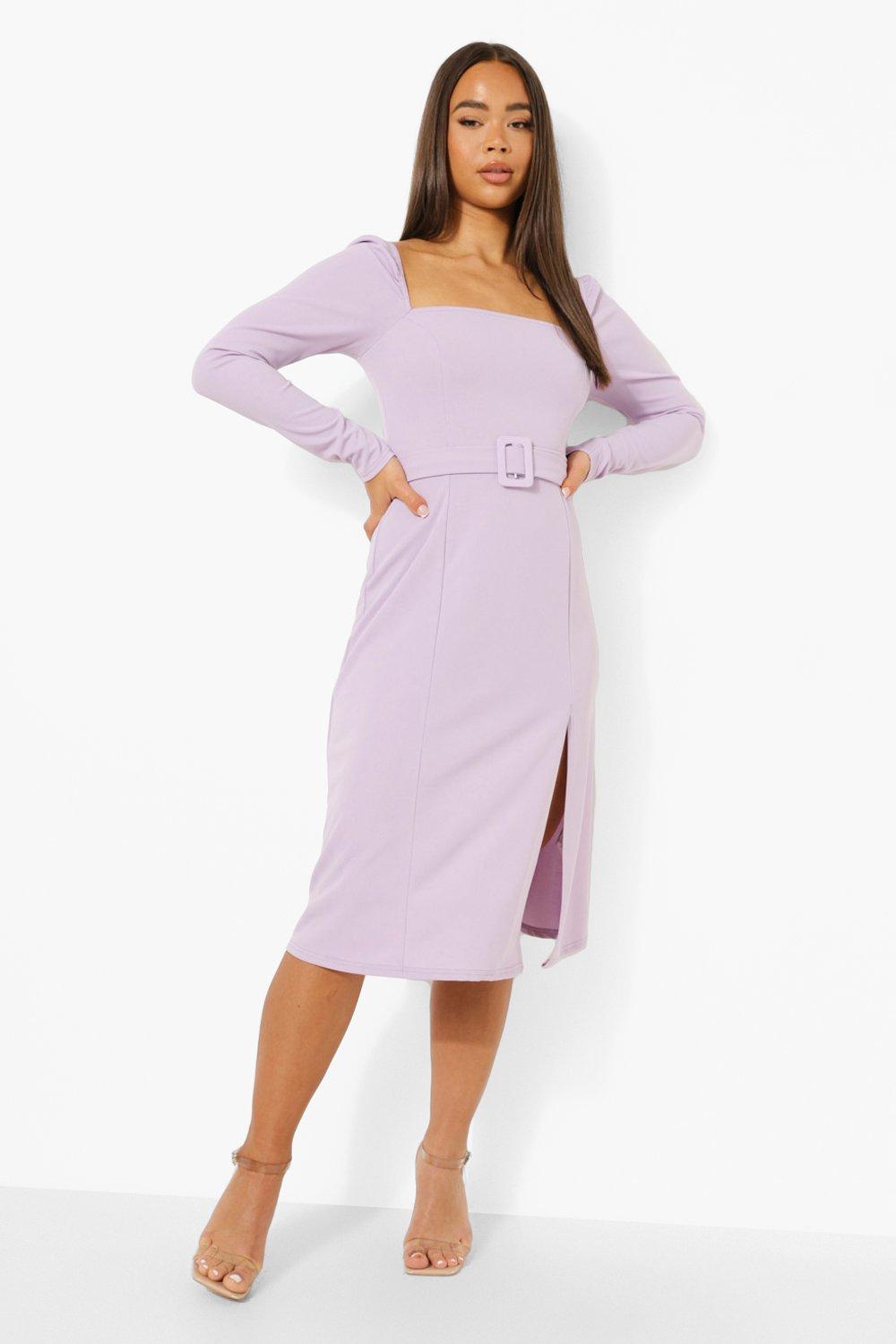 Square Neck Belted Side Split Midi Dress boohoo