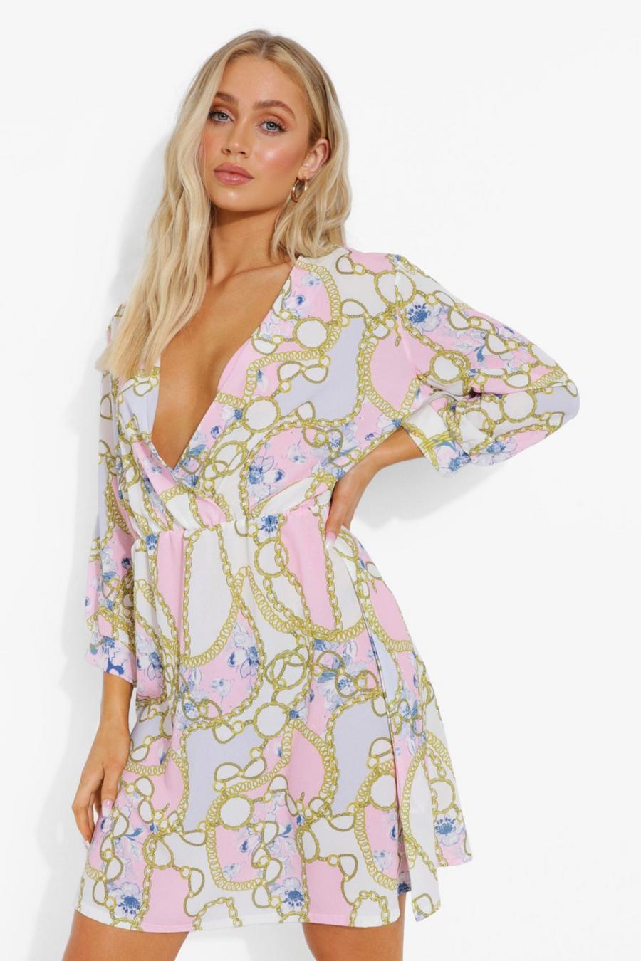 Pink Woven Chain Print Wrap Skater Dress image number 1