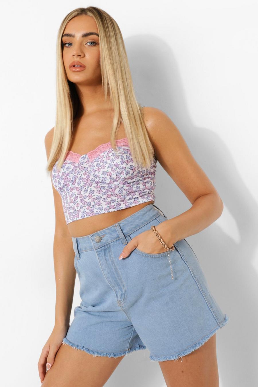 White Lace Trim Floral Print Cami Top image number 1