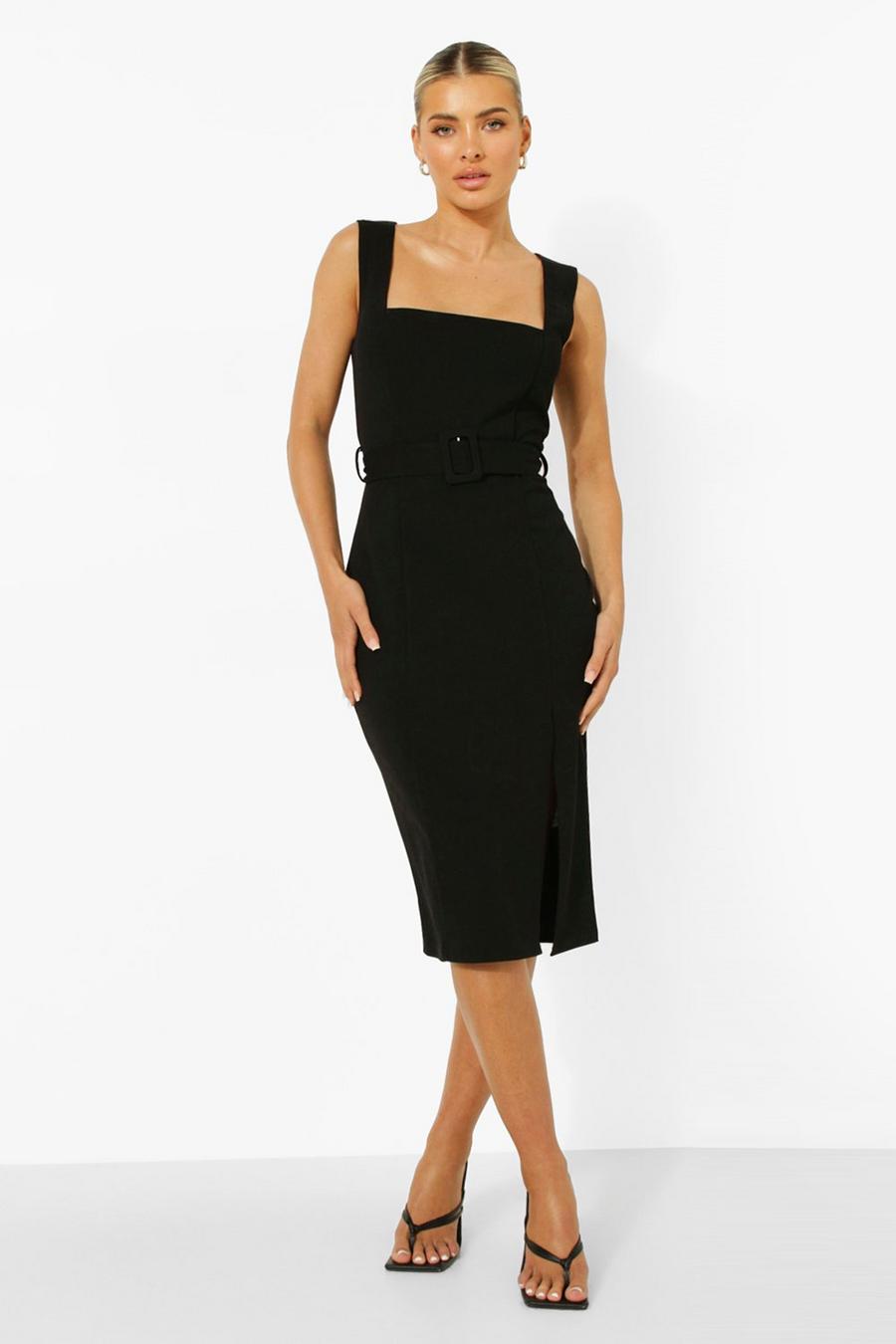 שחור שמלת מידי עם צווארון מרובע, חגורה ושסע בצד image number 1