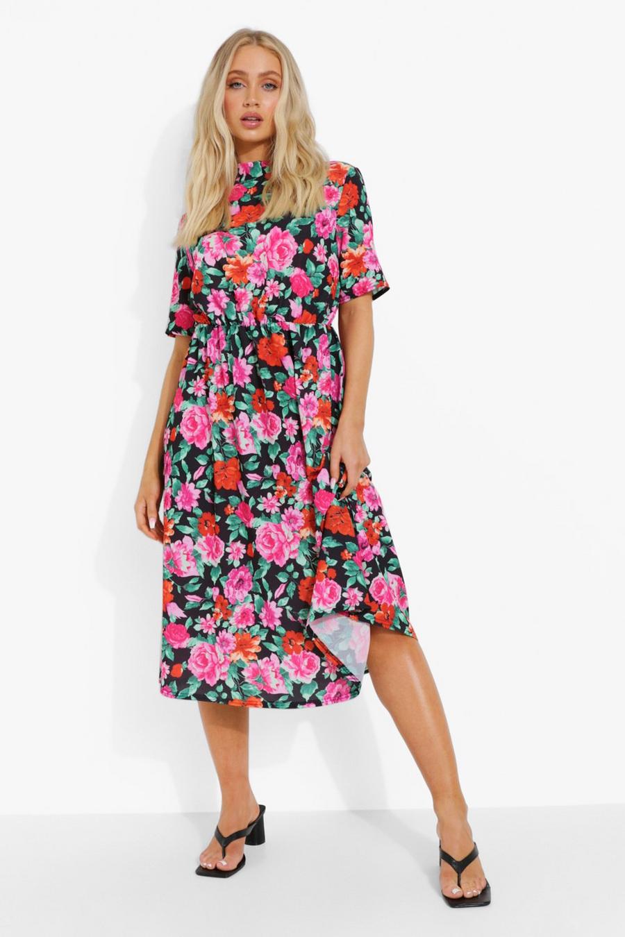 Pink Woven Floral Short Sleeve Midi Dress image number 1