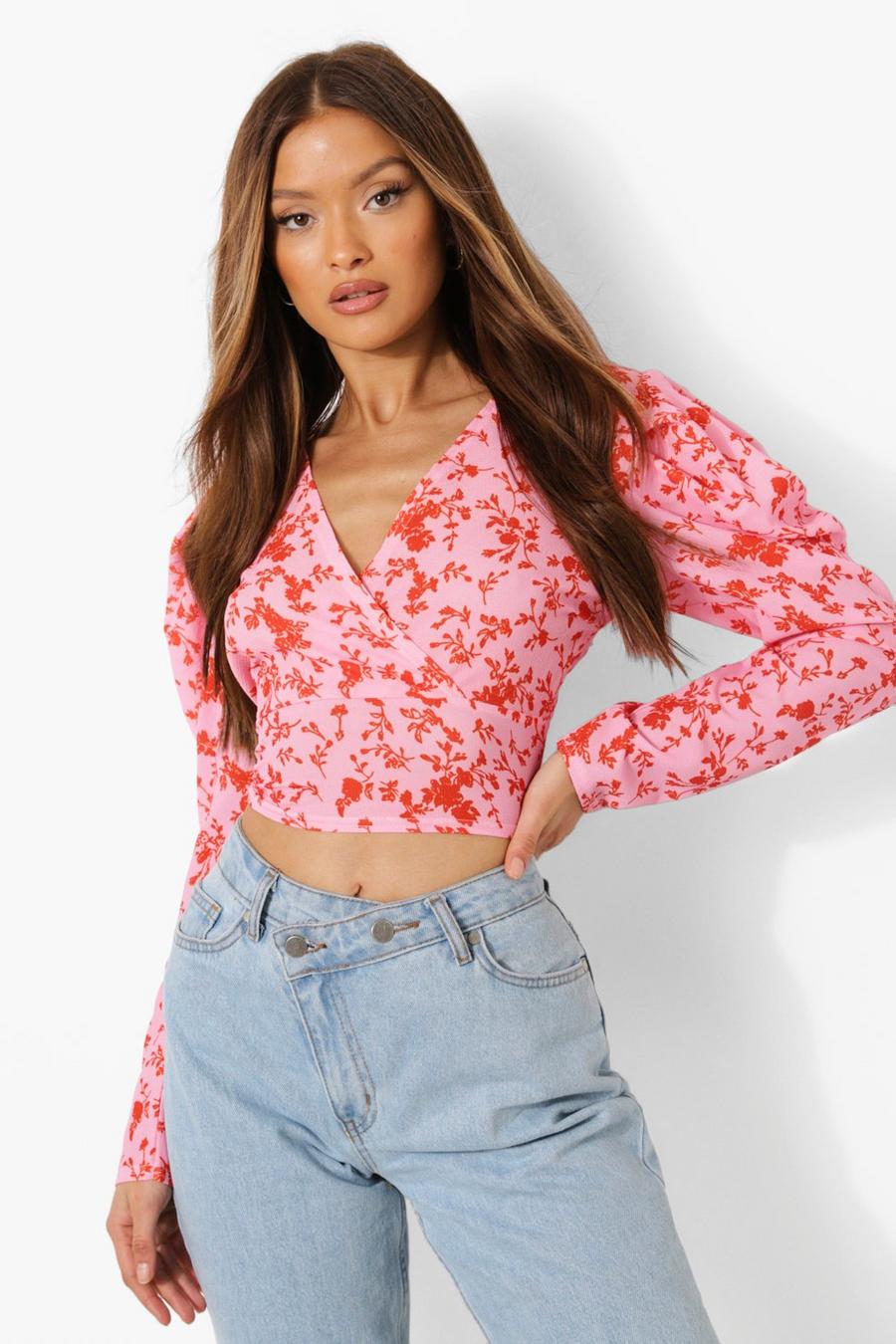 Pink Woven Puff Sleeve Floral Blouse image number 1